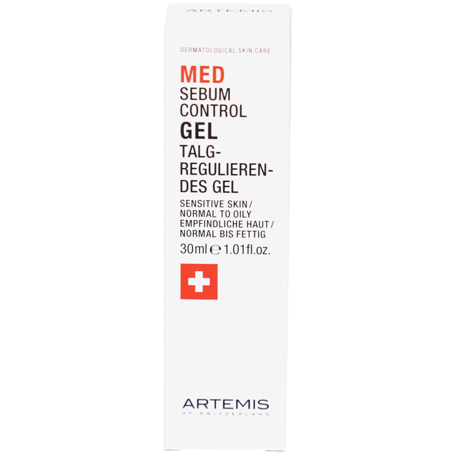 Produktverpackung mit weißem Zylinder. MED Sebum Control Gel. Schweizer Kreuz. ARTEMIS. 30ml.