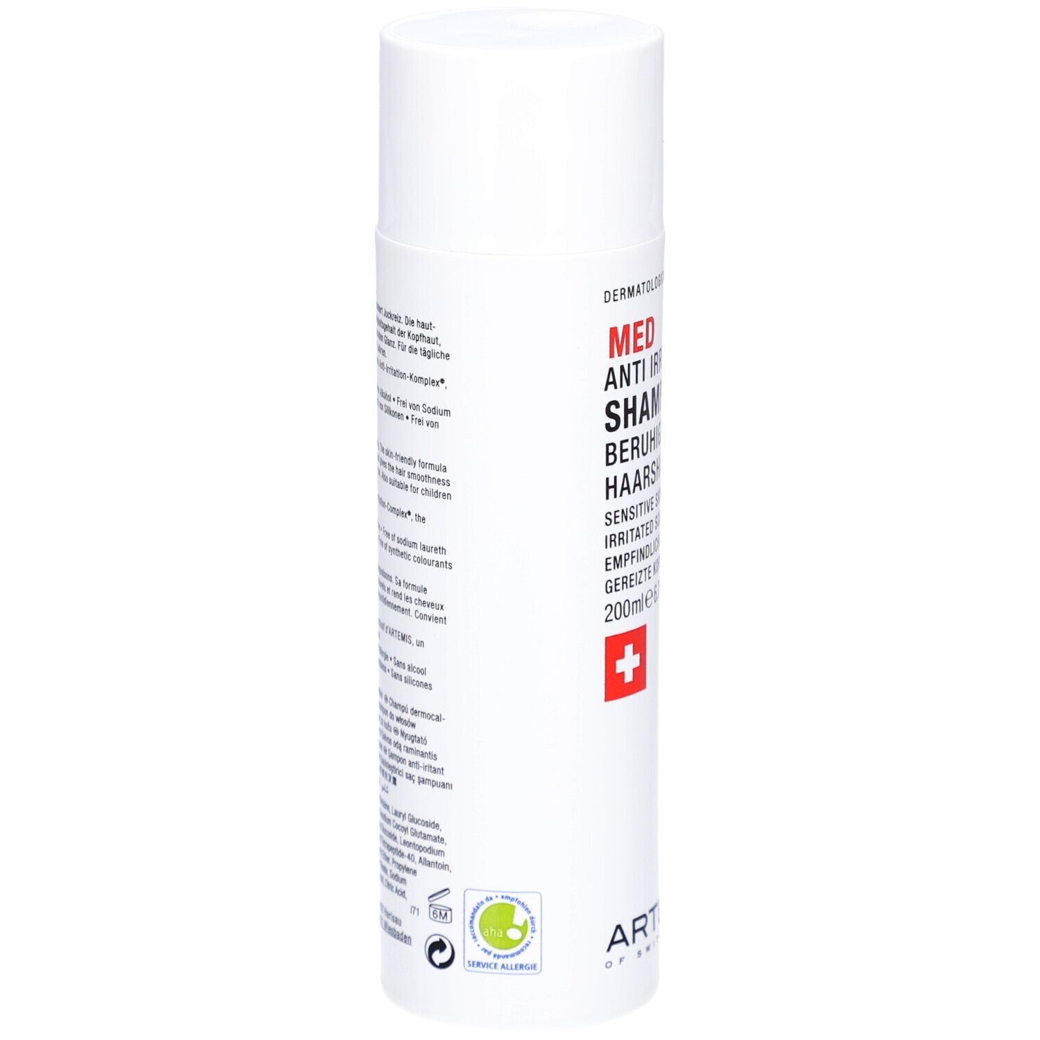 Weiße Shampoo-Flasche. Rückseite mit Text in mehreren Sprachen. Logo: Grünes Blatt. Marke: ARTEMIS.