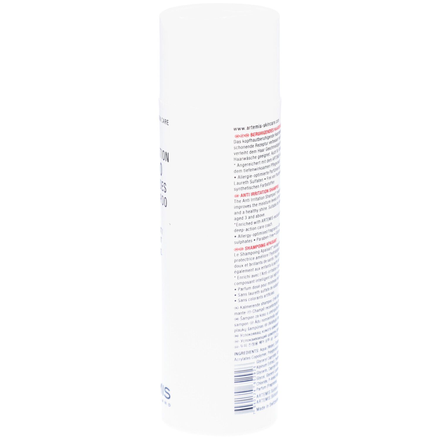 Weiße Shampoo-Flasche. Rückseite mit Text in mehreren Sprachen. Marke: ARTEMIS.