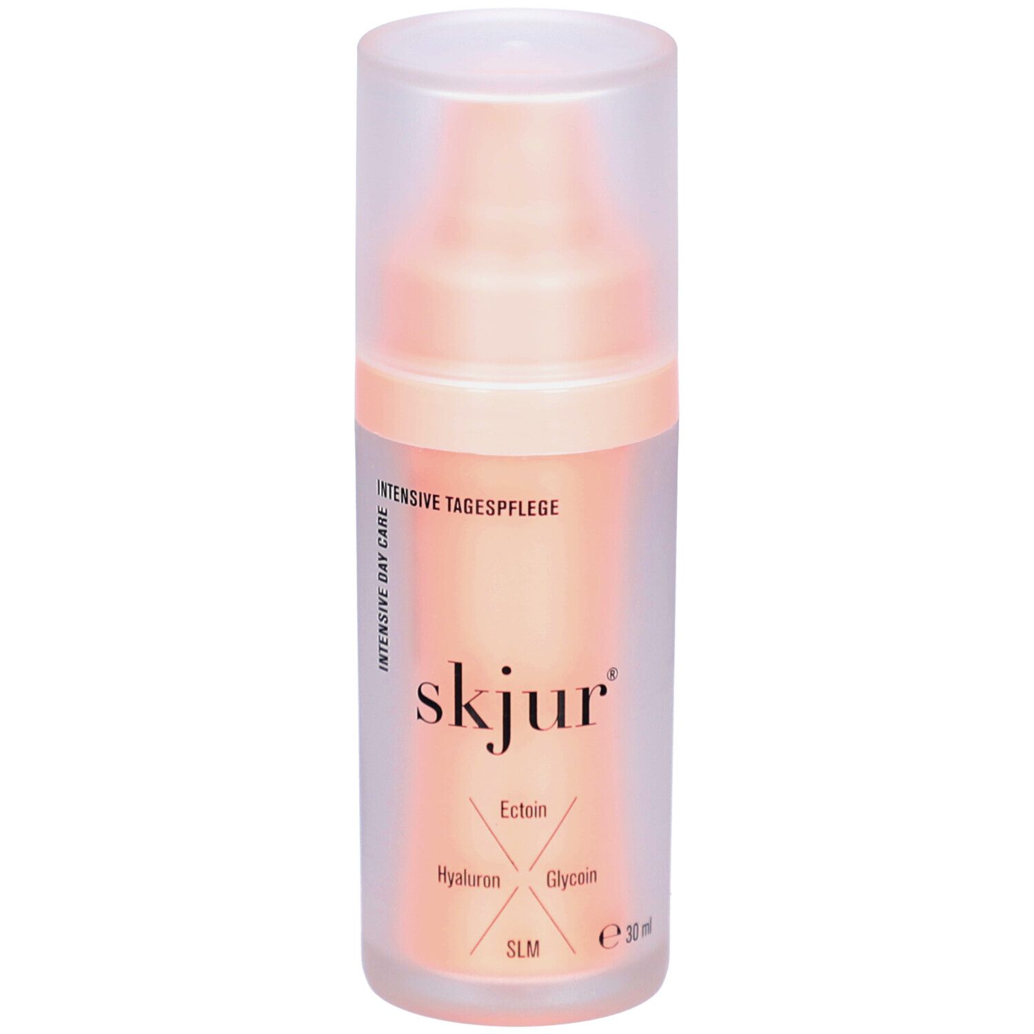Transparente Flasche mit rosa Flüssigkeit und Deckel. Aufschrift: skjur, Ectoin, Hyaluron, Glycin, SLM, e 30 ml.