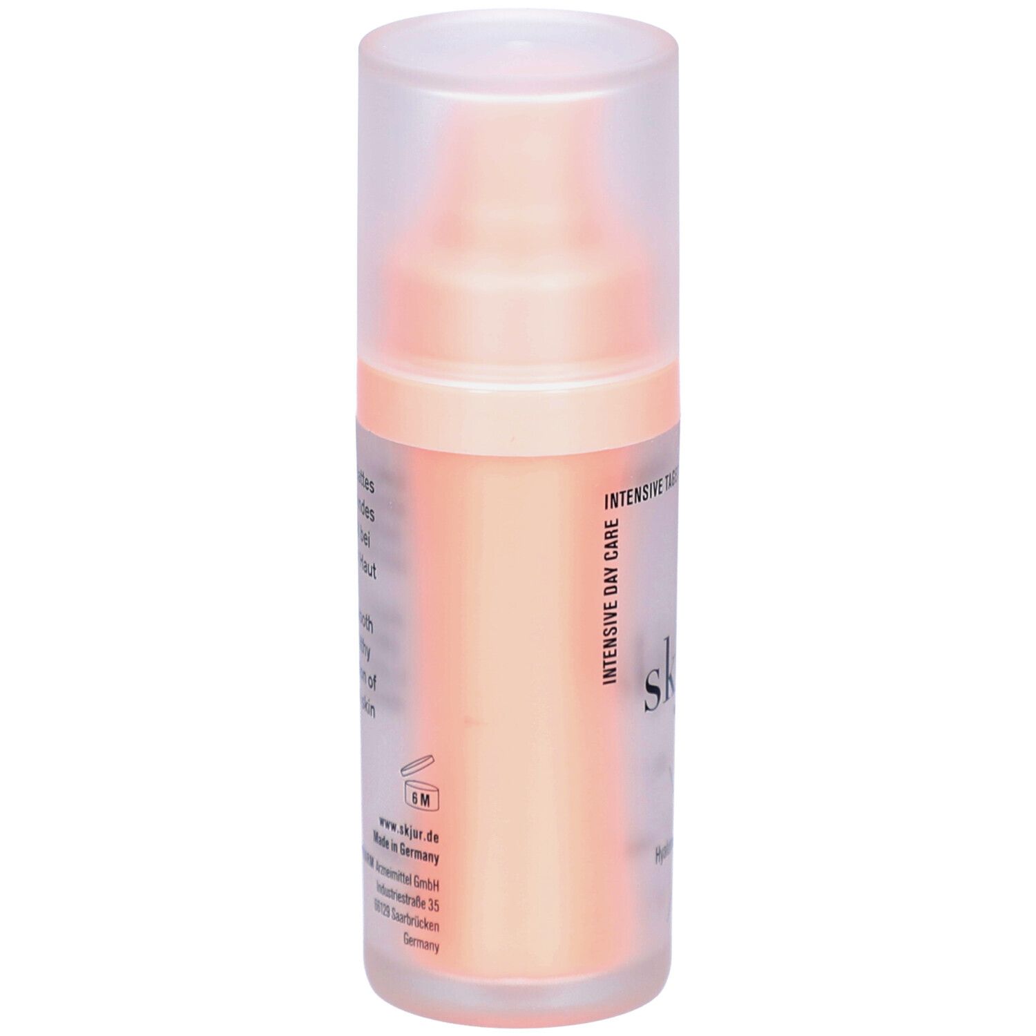 Transparente Flasche mit rosa Flüssigkeit und Deckel. Aufschrift: skjur, Ectoin, Hyaluron, Glycin, SLM, e 30 ml.
