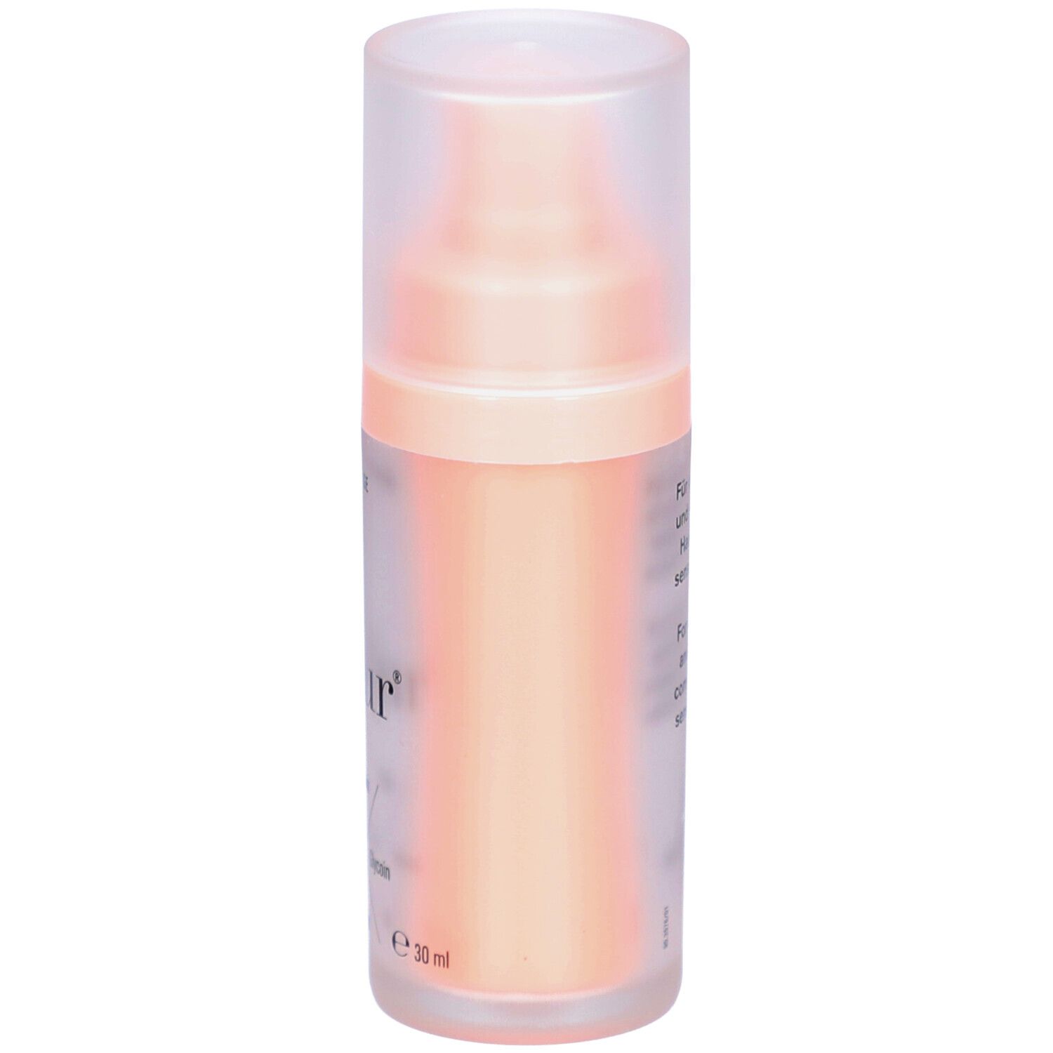 Transparente Flasche mit rosa Flüssigkeit und Deckel. Aufschrift: skjur, Ectoin, Hyaluron, Glycin, SLM, e 30 ml.