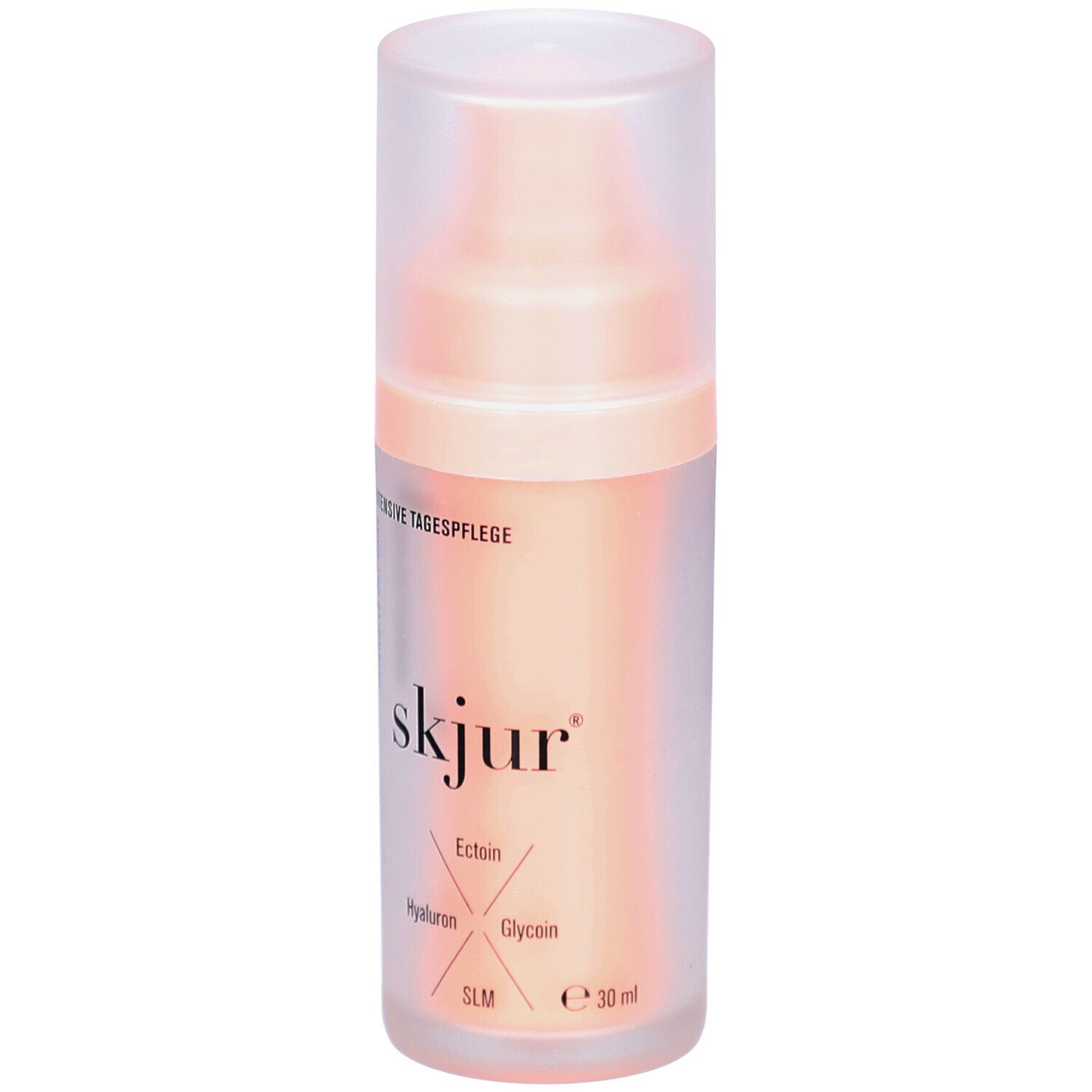 Transparente Flasche mit rosa Flüssigkeit und Deckel. Aufschrift: skjur, Ectoin, Hyaluron, Glycin, SLM, e 30 ml.