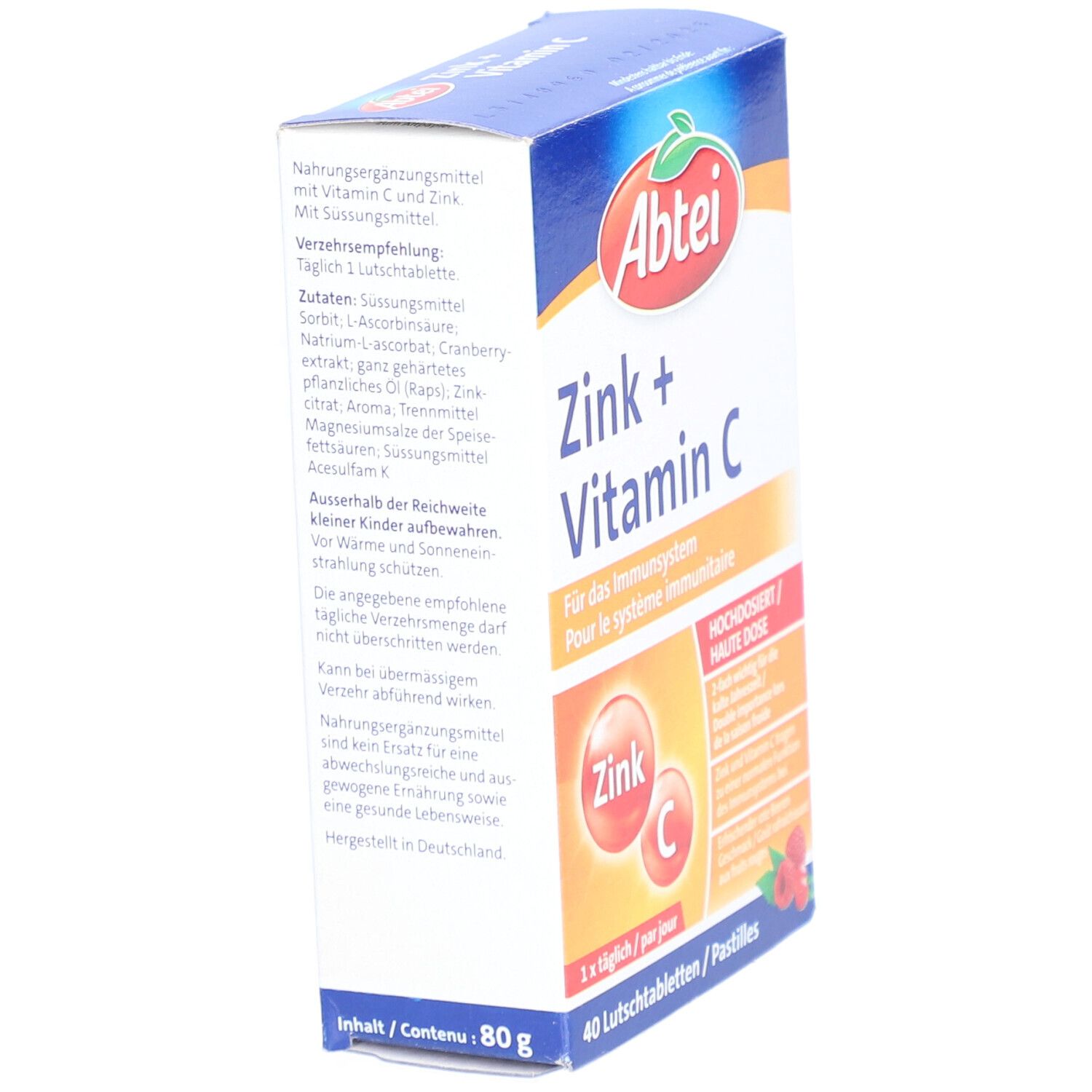 Abtei Zink + Vitamin C Packung, schräg. Enthält 40 Lutschtabletten. Aufschrift: "Für das Immunsystem".