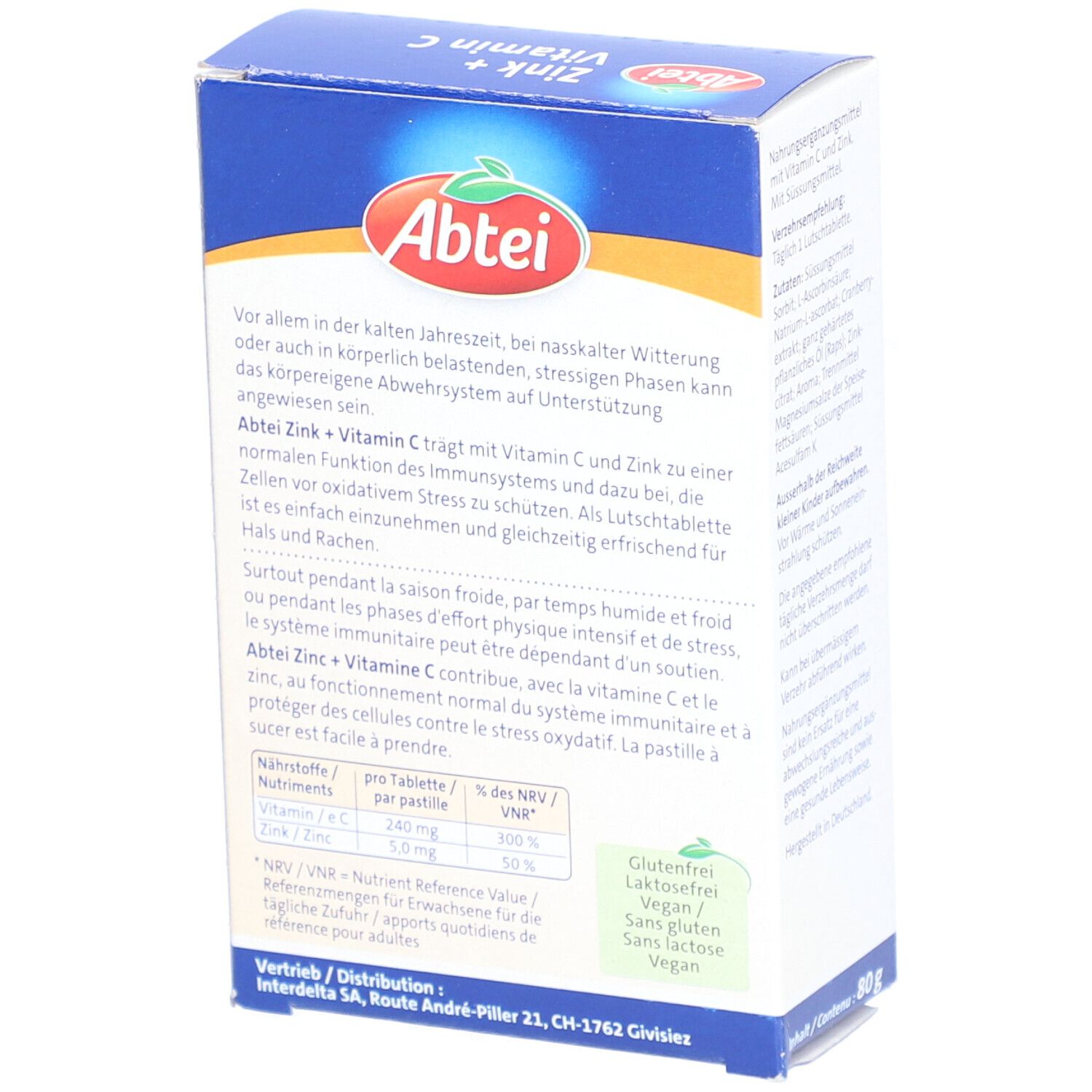 Rückseite der Abtei Zink + Vitamin C Packung. Enthält Informationen über Inhaltsstoffe und Nährwerte.