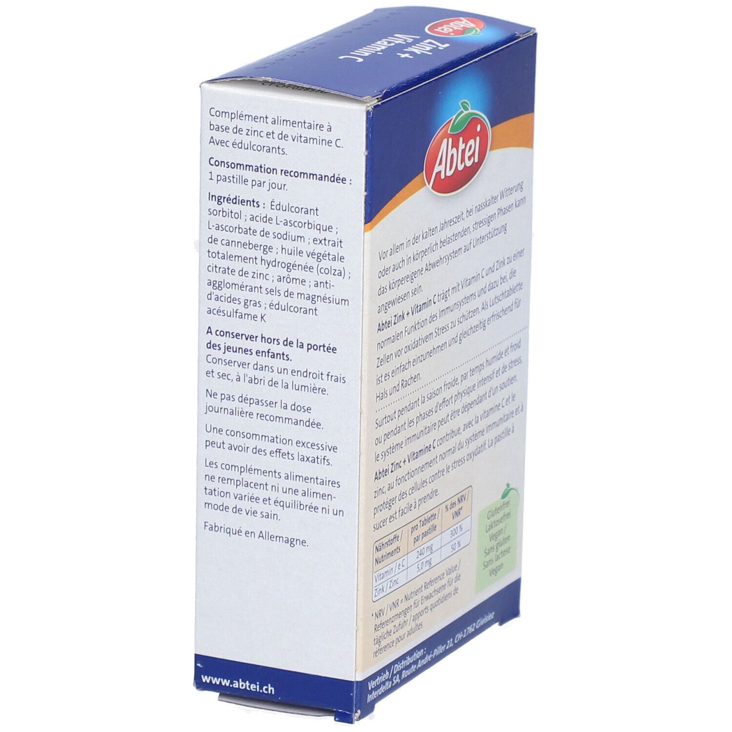 Abtei Zink + Vitamin C Packung, schräg. Enthält Informationen über Inhaltsstoffe und Nährwerte.