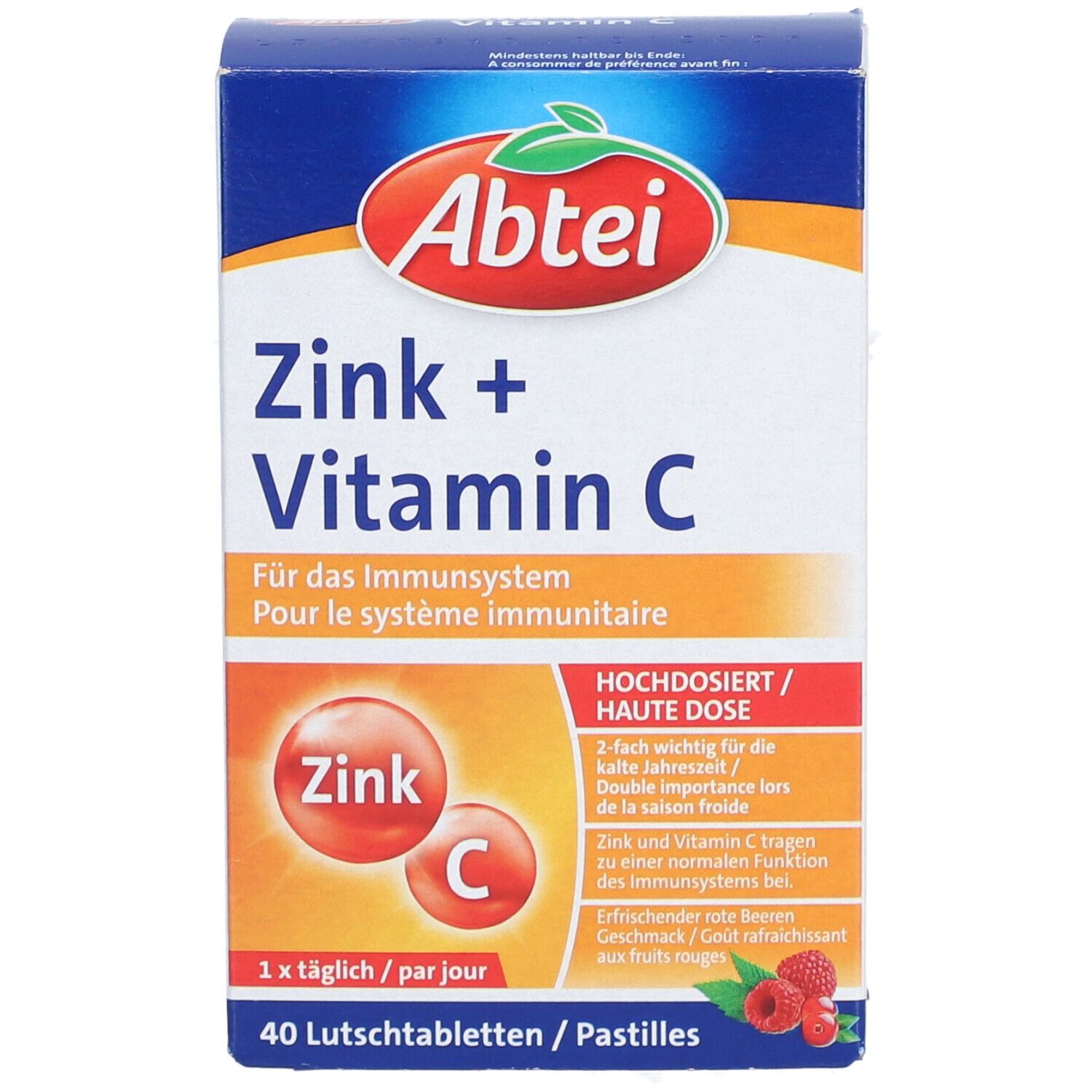 Abtei Zink + Vitamin C Packung. Enthält 40 Lutschtabletten. Aufschrift: "Für das Immunsystem".
