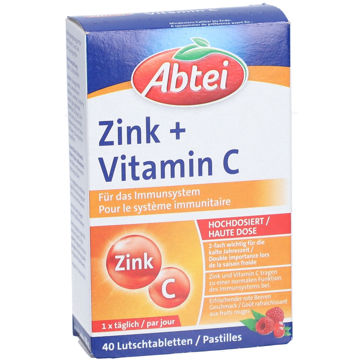 Abtei Zink + Vitamin C Packung, schräg. Enthält 40 Lutschtabletten. Aufschrift: "Für das Immunsystem".