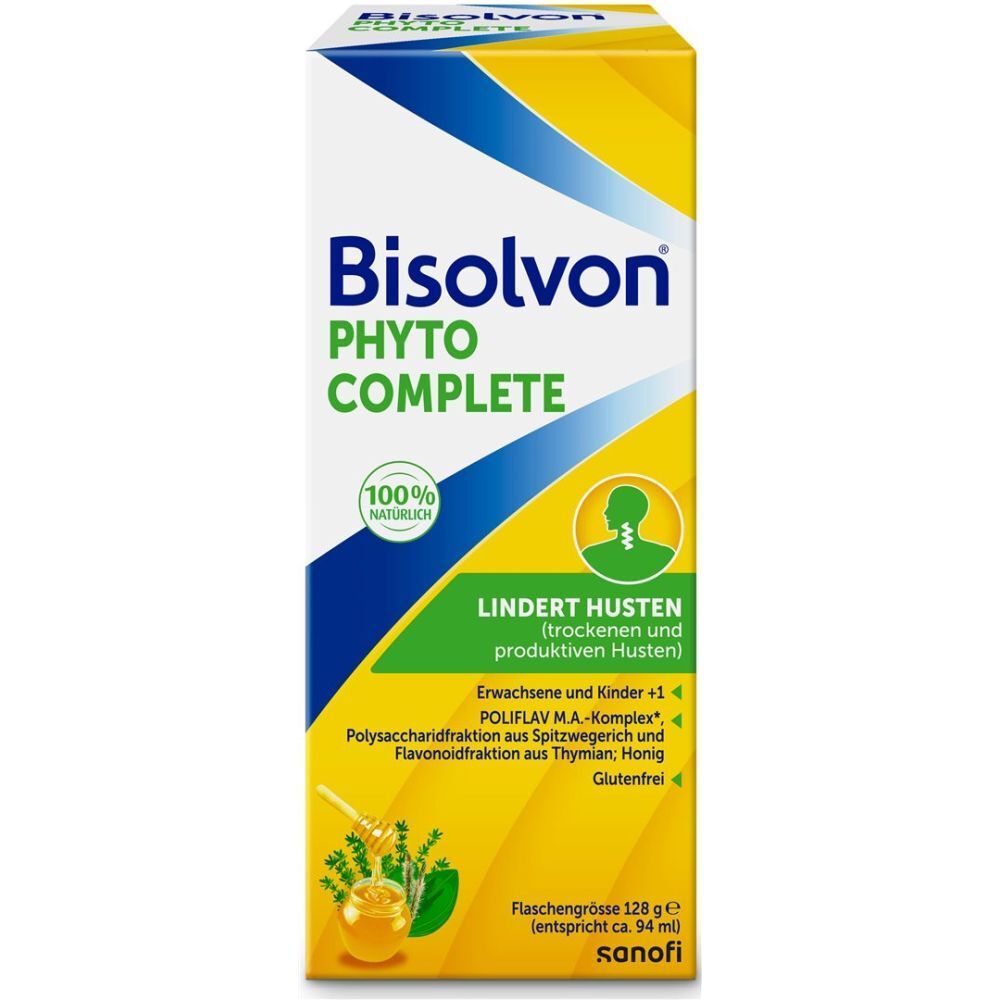 Verpackung von Hustensirup. Gelb, weiß und blau. Schriftzug: Bisolvon Phyto Complete. Lindert Husten. 100% natürlich.
