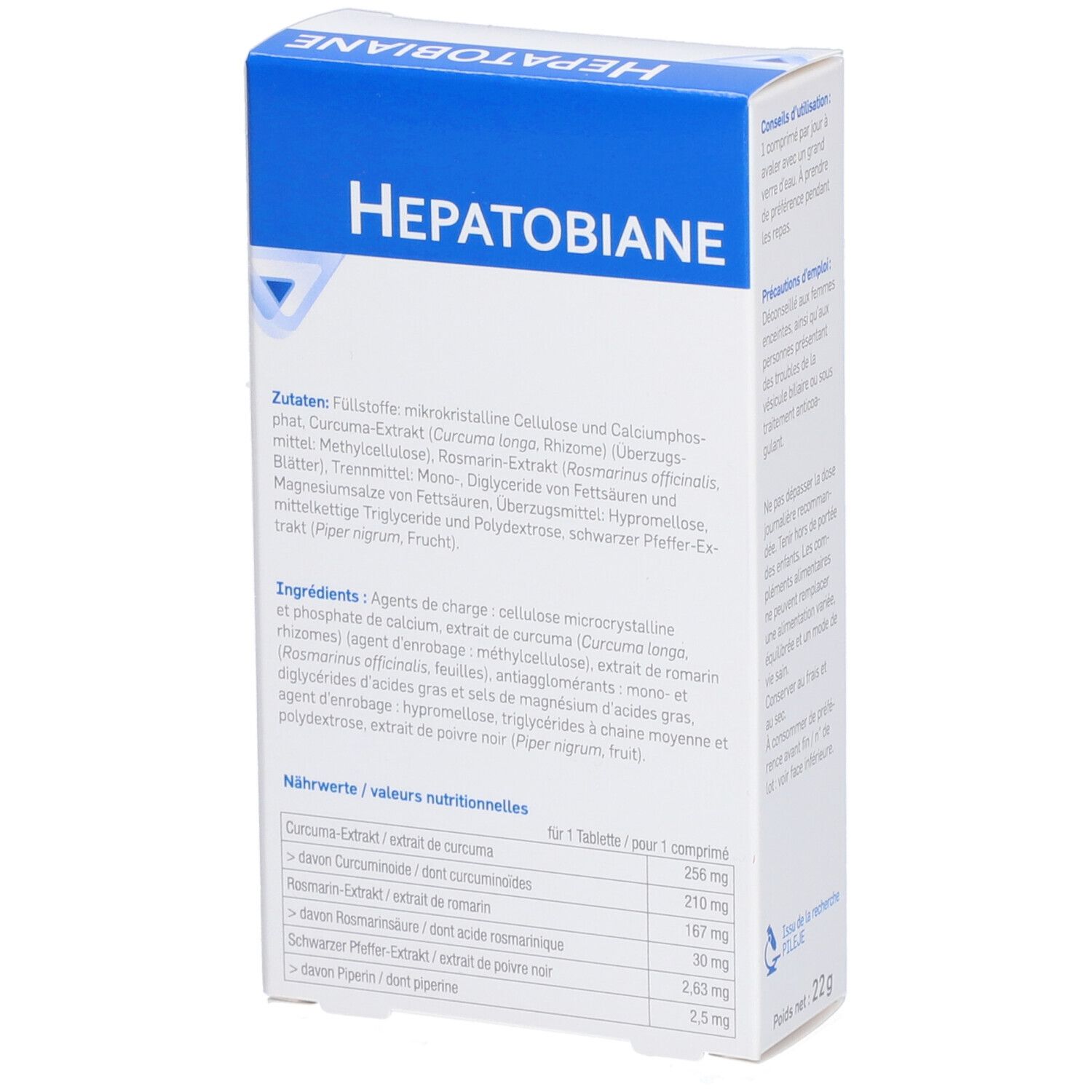 Boîte blanche, dessus bleu. Inscription: Hepatobiane. Liste des ingrédients et informations nutritionnelles. Marque: Pileje.