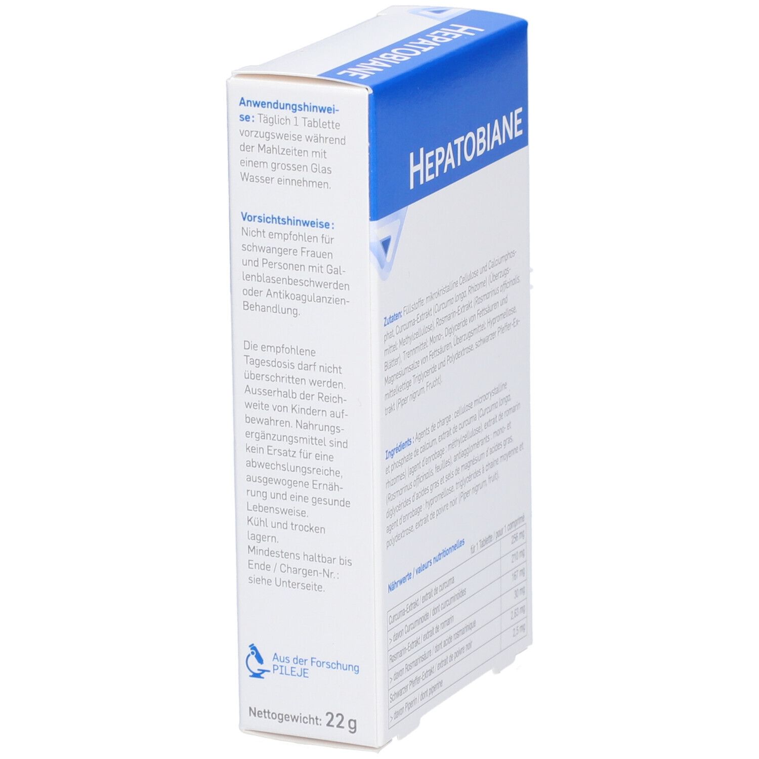 Boîte blanche, dessus bleu. Inscription: Hepatobiane. Conseils d'utilisation et avertissements. Marque: Pileje.