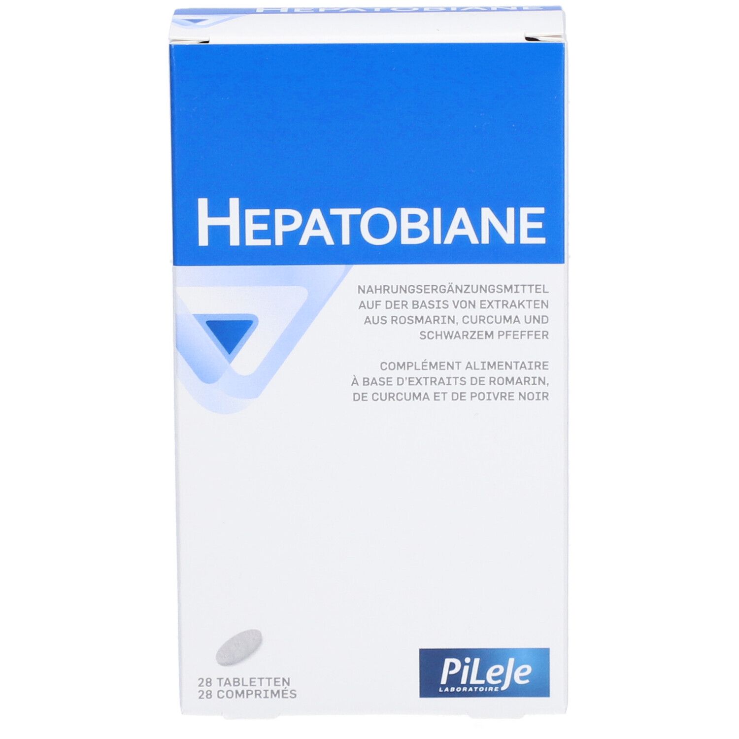 Boîte blanche et bleue. Inscription: Hepatobiane. 28 comprimés. Marque: Pileje.