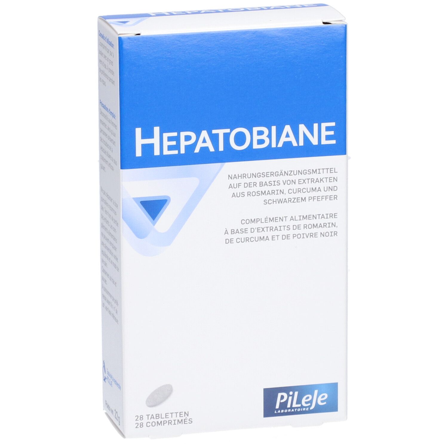 Boîte blanche et bleue. Inscription: Hepatobiane. 28 comprimés. Marque: Pileje.