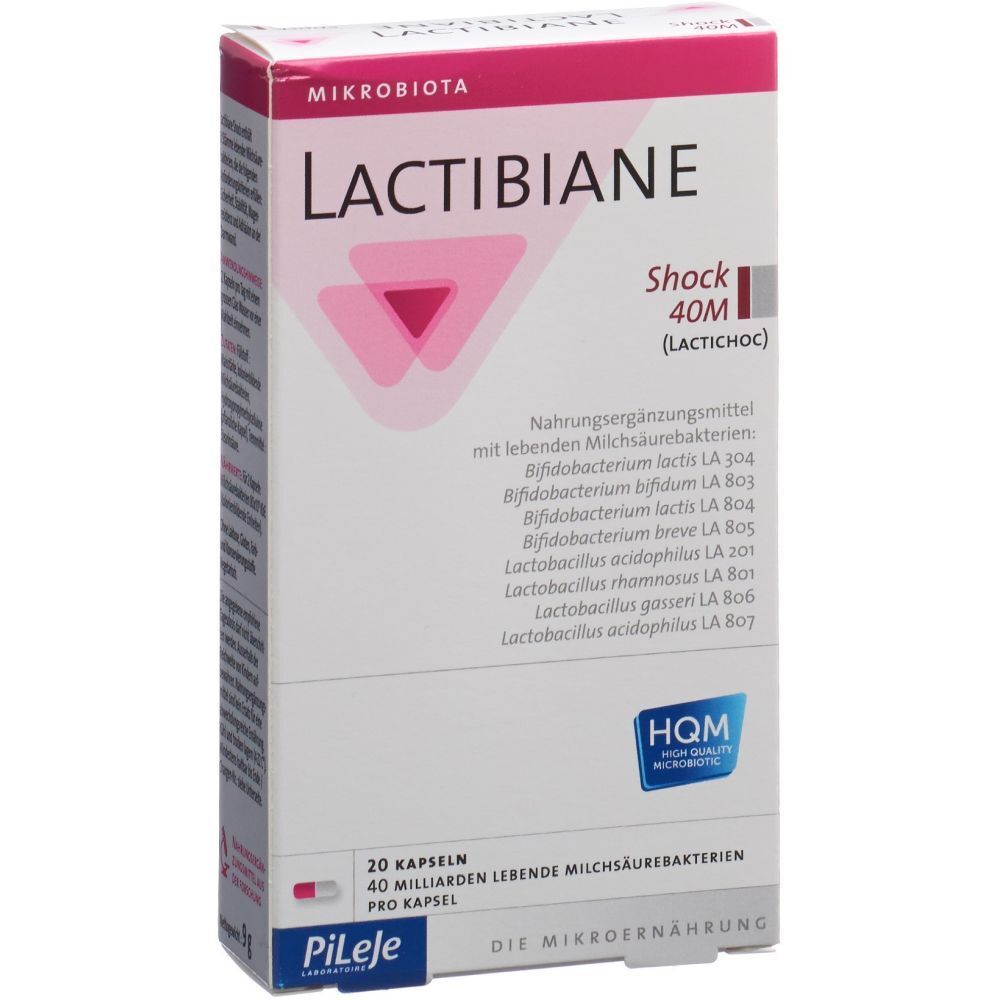 Verpackung von LACTIBIANE Shock 40M. Weiß-rosa Schachtel mit Produktinformationen und Logo.