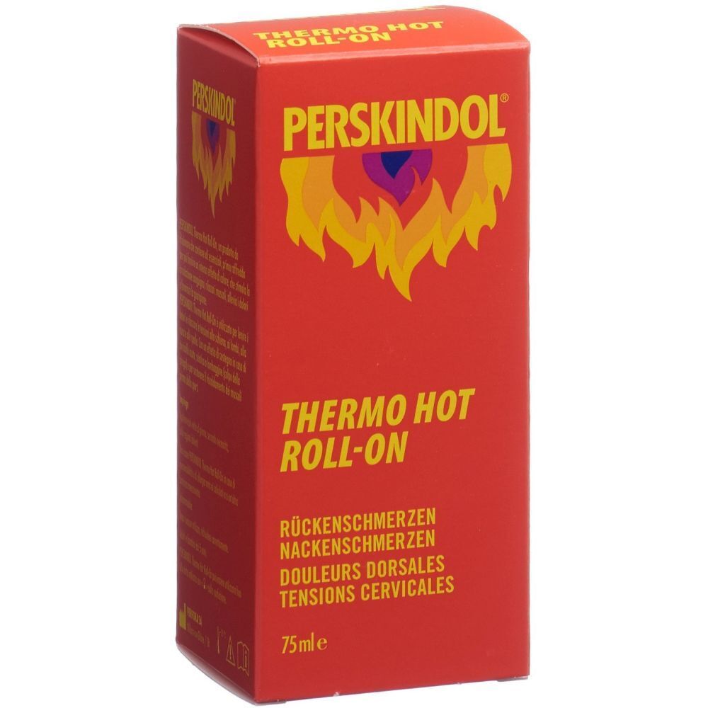 Boîte rouge avec logo flamme et nom du produit. Texte: Thermo Hot Roll-on, douleurs dorsales, tensions cervicales, 75ml.