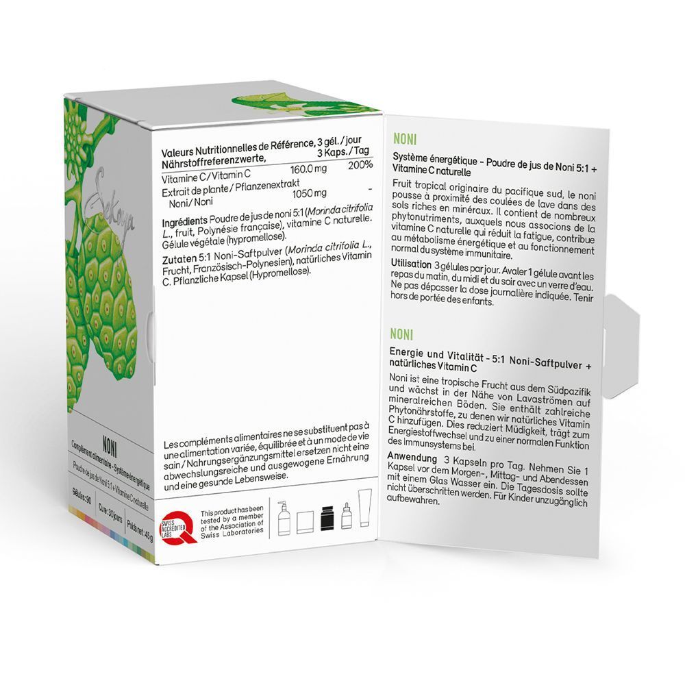 Weiße Produktverpackung mit Text in mehreren Sprachen. Enthält Informationen zu Inhaltsstoffen und Nährwerten. Mit Qualitätszeichen.