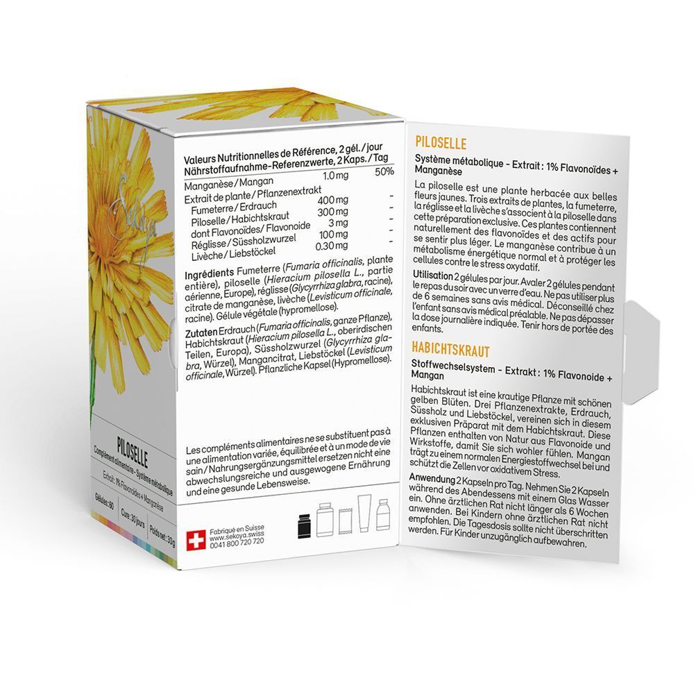 Weiße Schachtel mit gelber Blume und Text. Enthält Informationen zu Inhaltsstoffen und Nährwerten. Schweizer Flagge und Text.