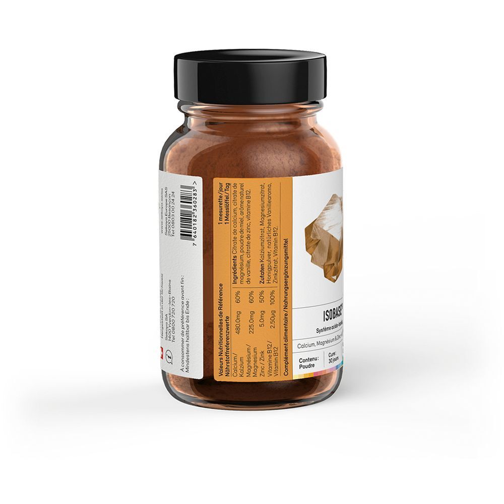 Rückansicht der Glasflasche mit braunem Pulver. Etikett mit Nährwertangaben, Inhaltsstoffen und Produktnamen.