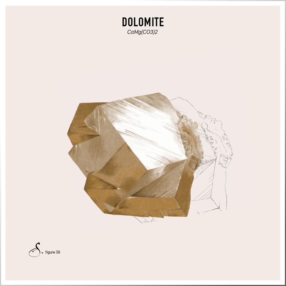Grafische Darstellung von Dolomit-Kristallen. Text: Dolomit, CaMg(CO3)2. Skizze eines Kristalls.