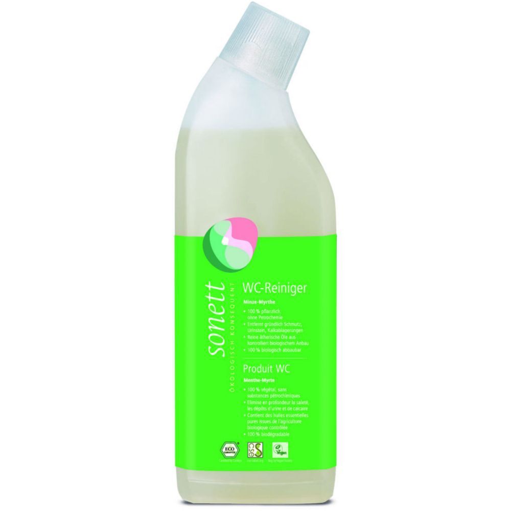 WC-Reiniger-Flasche. Grün-weißes Etikett mit Produktnamen, Logo und Text. Flasche mit schrägem Hals.
