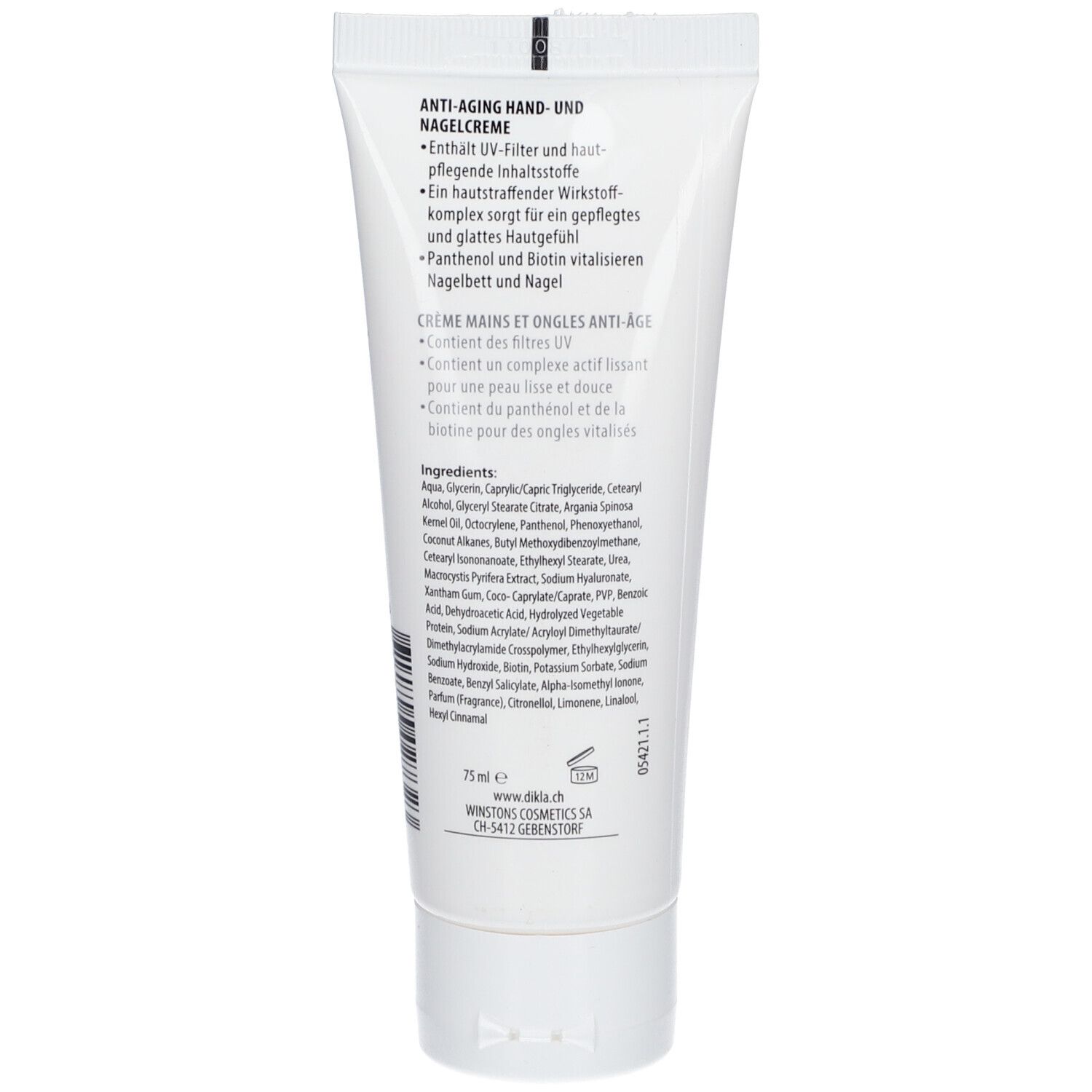 Rückseite der Creme-Tube. Text mit Inhaltsstoffen und Produktinformationen. Marke und Kontaktinformationen.
