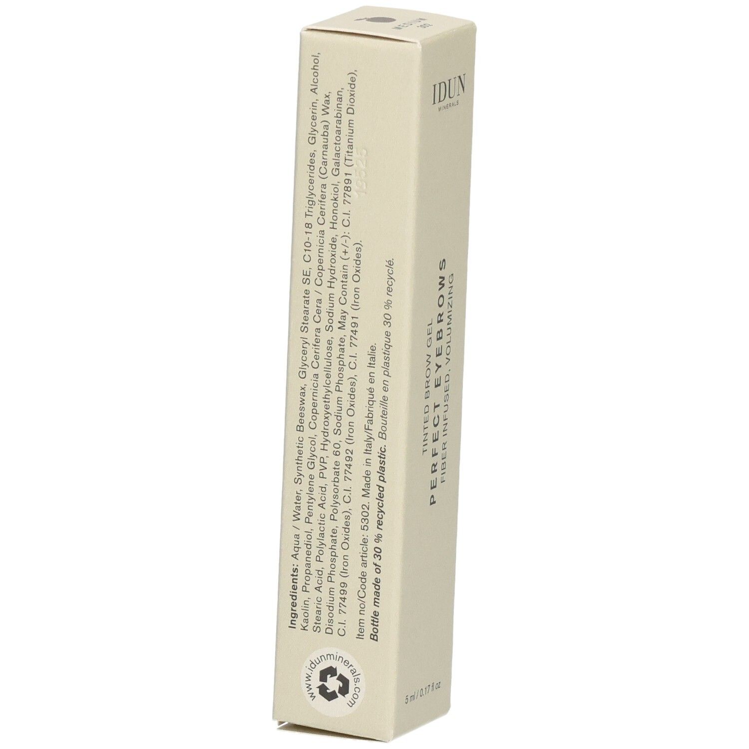 IDUN Minerals Perfect Eyebrows getönter Augenbrauengel in Pappverpackung mit Inhaltsstoffliste.