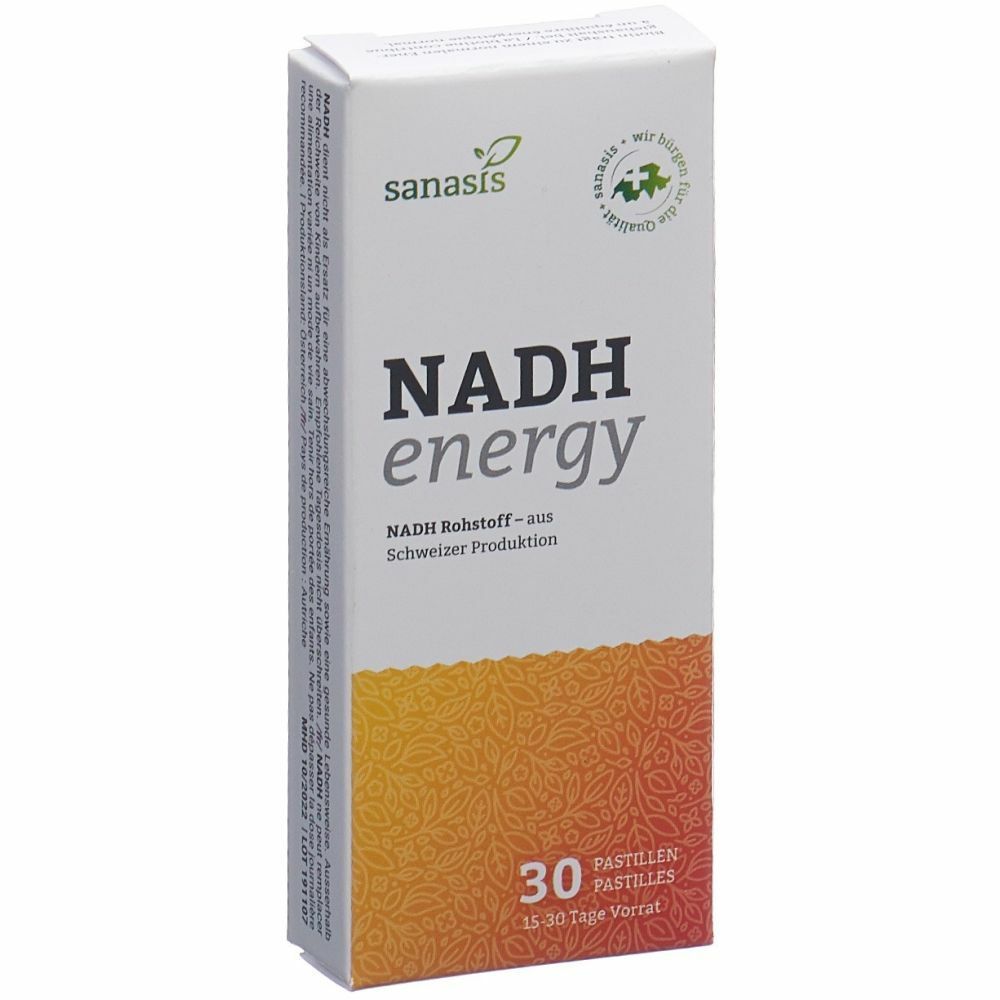 Weiße Schachtel mit "sanasis NADH energy". 30 Pastillen. Schweizer Produktion. Grün-orangefarbenes Design.