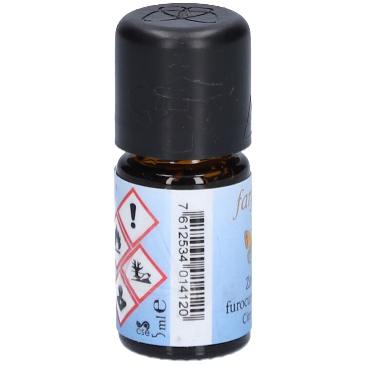 Braune Glasflasche mit schwarzem Deckel. Aufkleber mit Gefahrensymbolen und Barcode. Volumen: 5 ml.