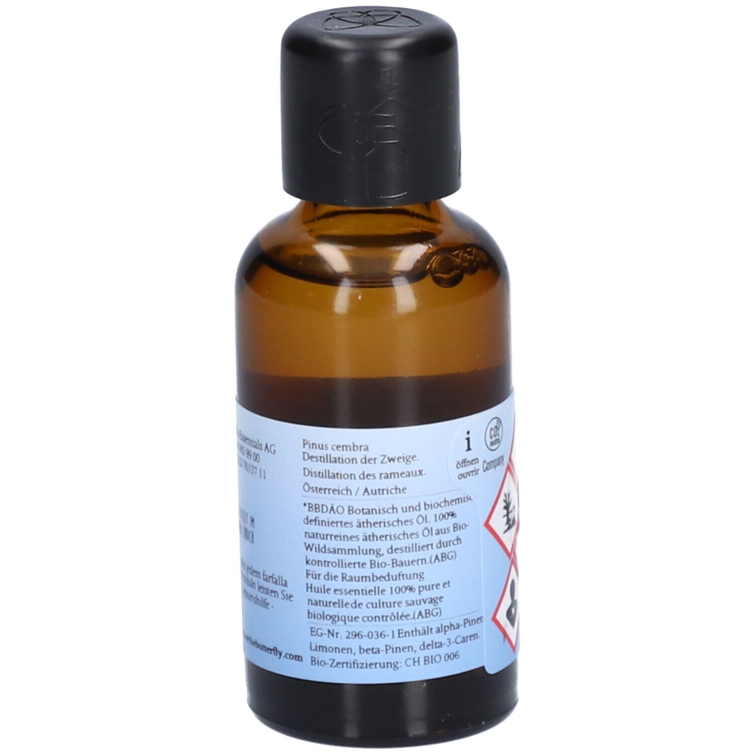 Braune Glasflasche mit schwarzem Deckel. Etikett mit Produktinformationen und Zertifizierungen.