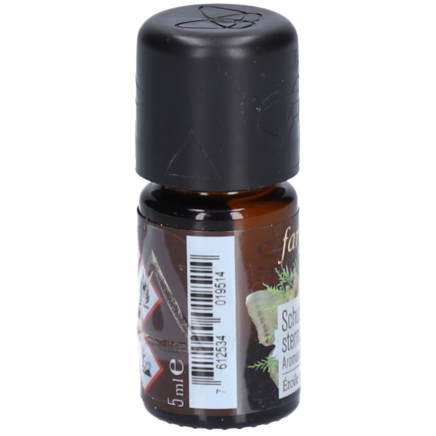 Braune Glasflasche mit schwarzem Deckel. Aufschrift: 5 ml e. Barcode und Warnhinweise.