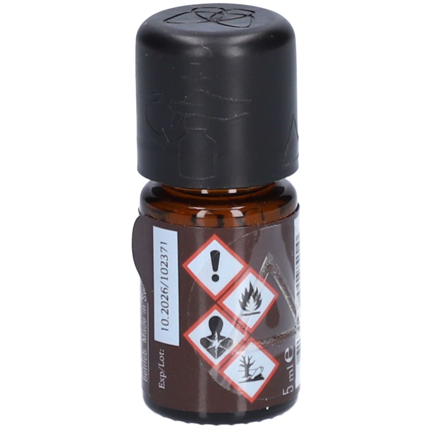 Braune Glasflasche mit schwarzem Deckel. Warnhinweise und Aufschrift: 5 ml e, Exp/Lot.