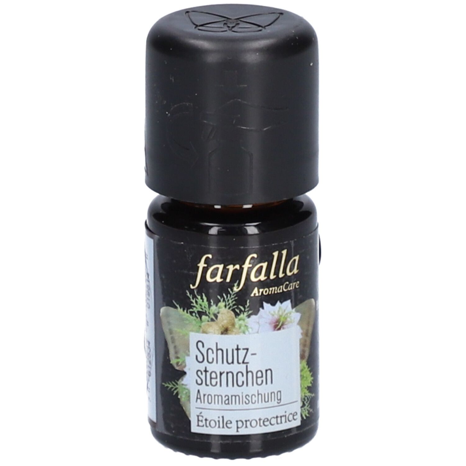 Braune Glasflasche mit schwarzem Deckel. Aufschrift: farfalla, Schutzsternchen, Aromamischung, Etoile protectrice.