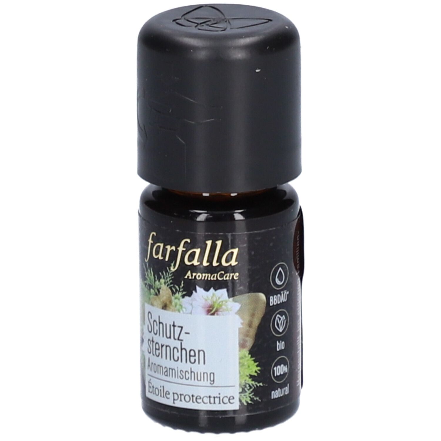 Braune Glasflasche mit schwarzem Deckel. Aufschrift: farfalla, Schutzsternchen, Aromamischung, Etoile protectrice, bio.