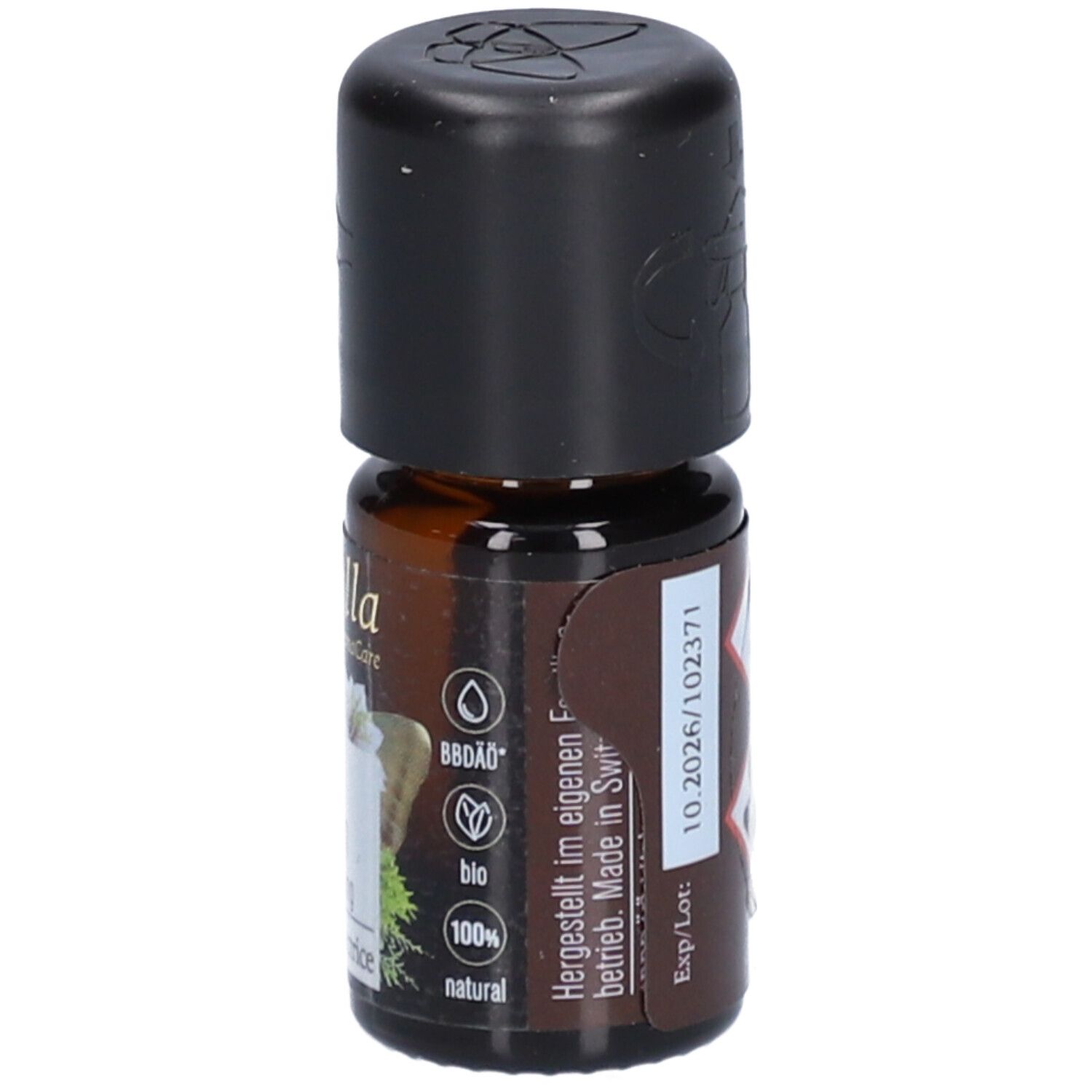 Braune Glasflasche mit schwarzem Deckel. Aufschrift: farfalla, bio, 100% natural, Exp/Lot.