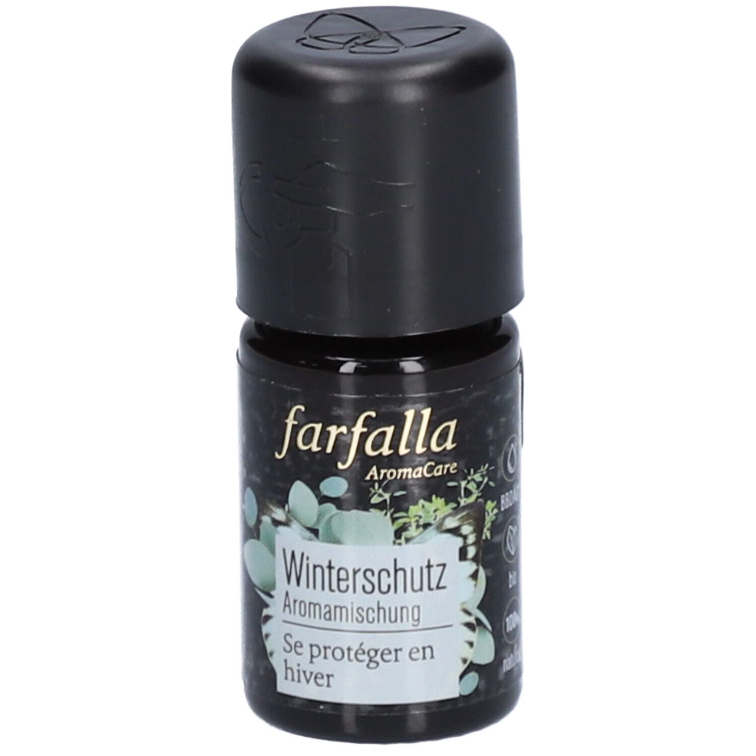 Kleine Flasche mit schwarzem Deckel. Aufschrift: farfalla Winterschutz Aromamischung. Etikett mit Pflanzenmotiv.