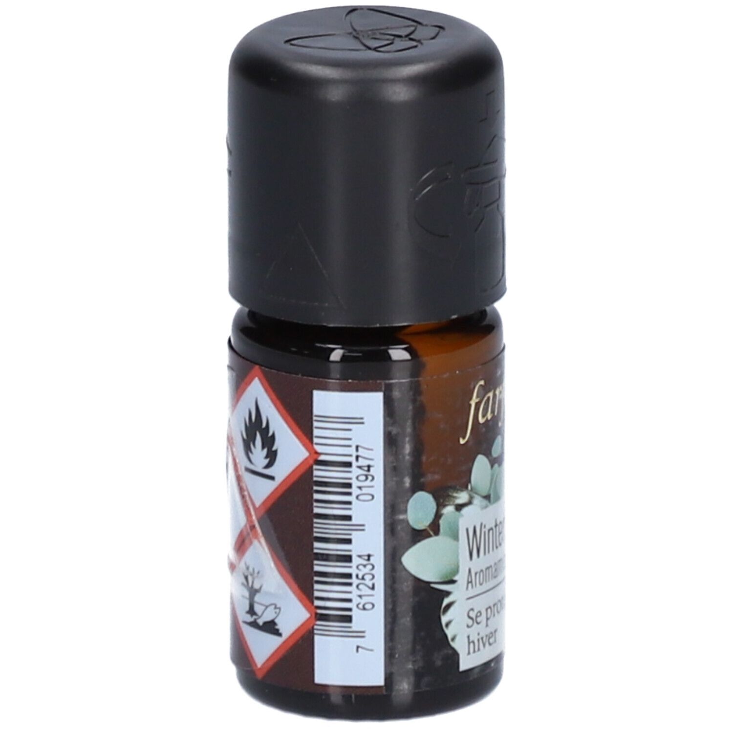 Braune Glasflasche mit schwarzem Deckel. Etikett mit Gefahrensymbolen und Text. Aufschrift: farfalla Winterschutz Aromamischung.