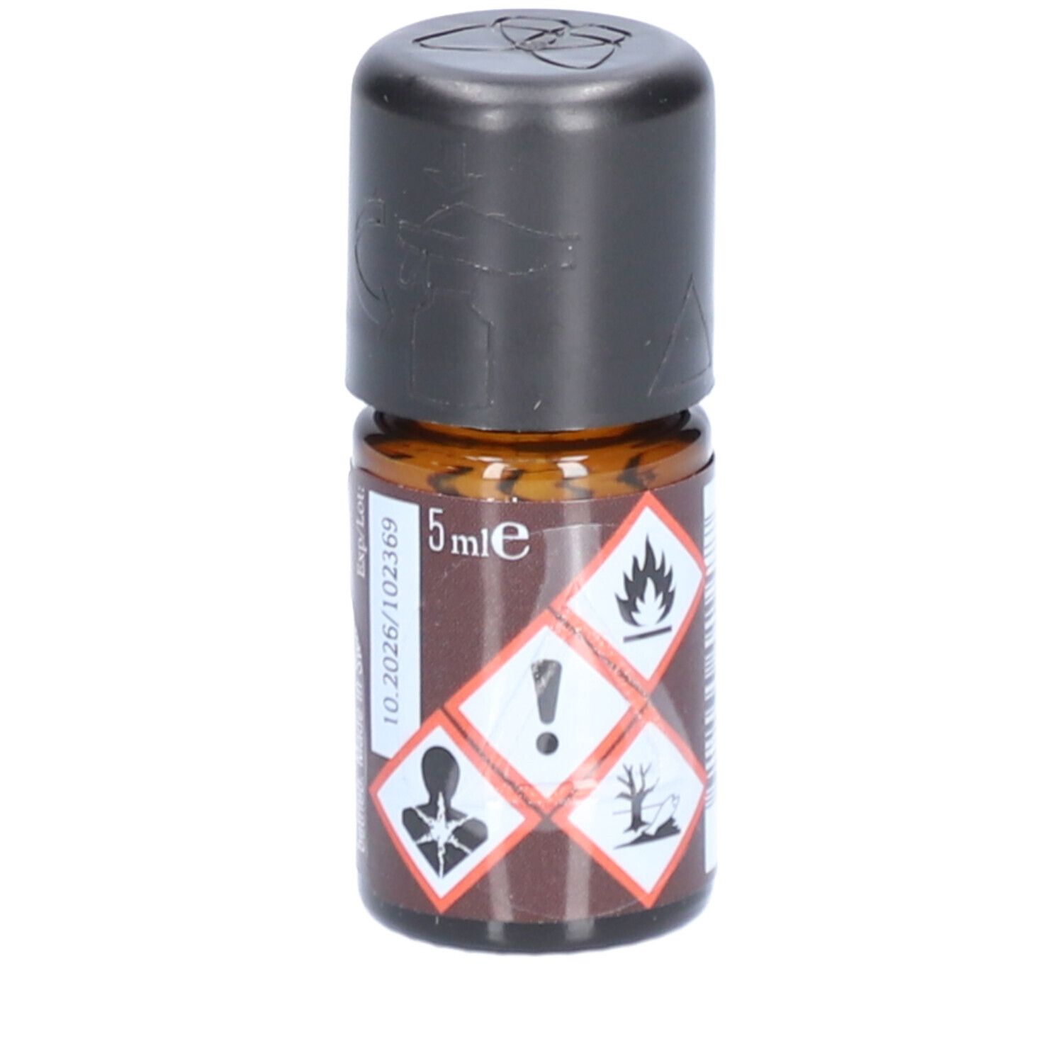 Kleine braune Flasche mit schwarzem Deckel. Aufschrift: 5 ml. Etikett mit Gefahrensymbolen. Aufschrift: farfalla Winterschutz Aromamischung.
