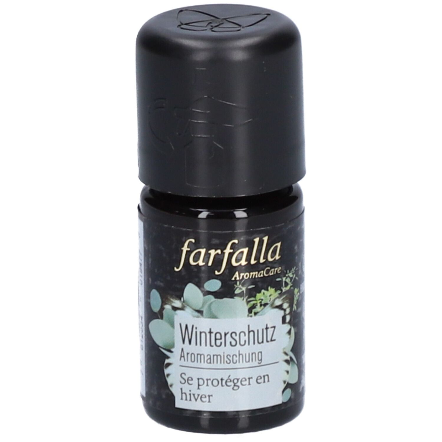 Kleine Flasche mit schwarzem Deckel. Aufschrift: farfalla Winterschutz Aromamischung. Etikett mit Pflanzenmotiv und Text.
