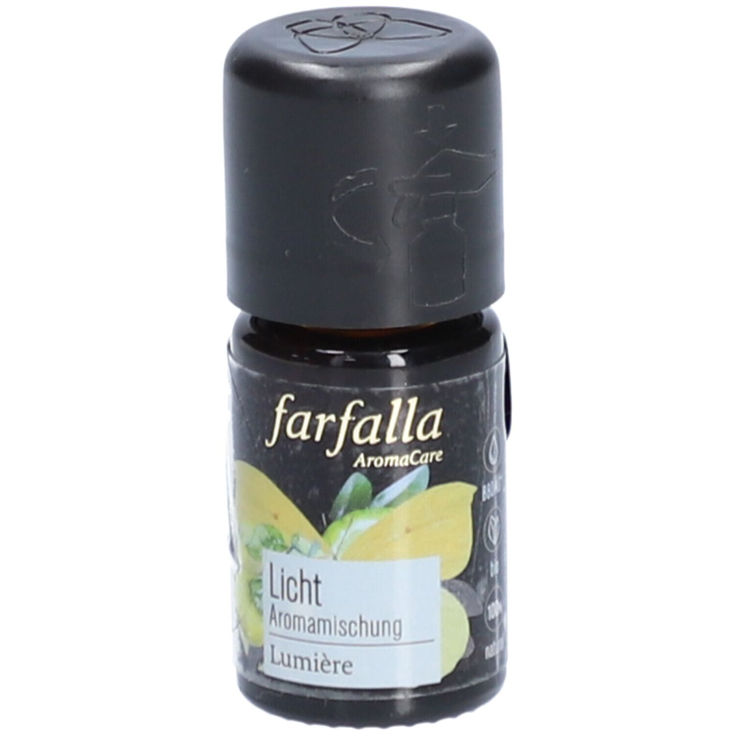 Flacon en verre brun avec bouchon noir. Inscription: farfalla AromaCare Licht Aromamischung Lumière. Étiquette avec citron.