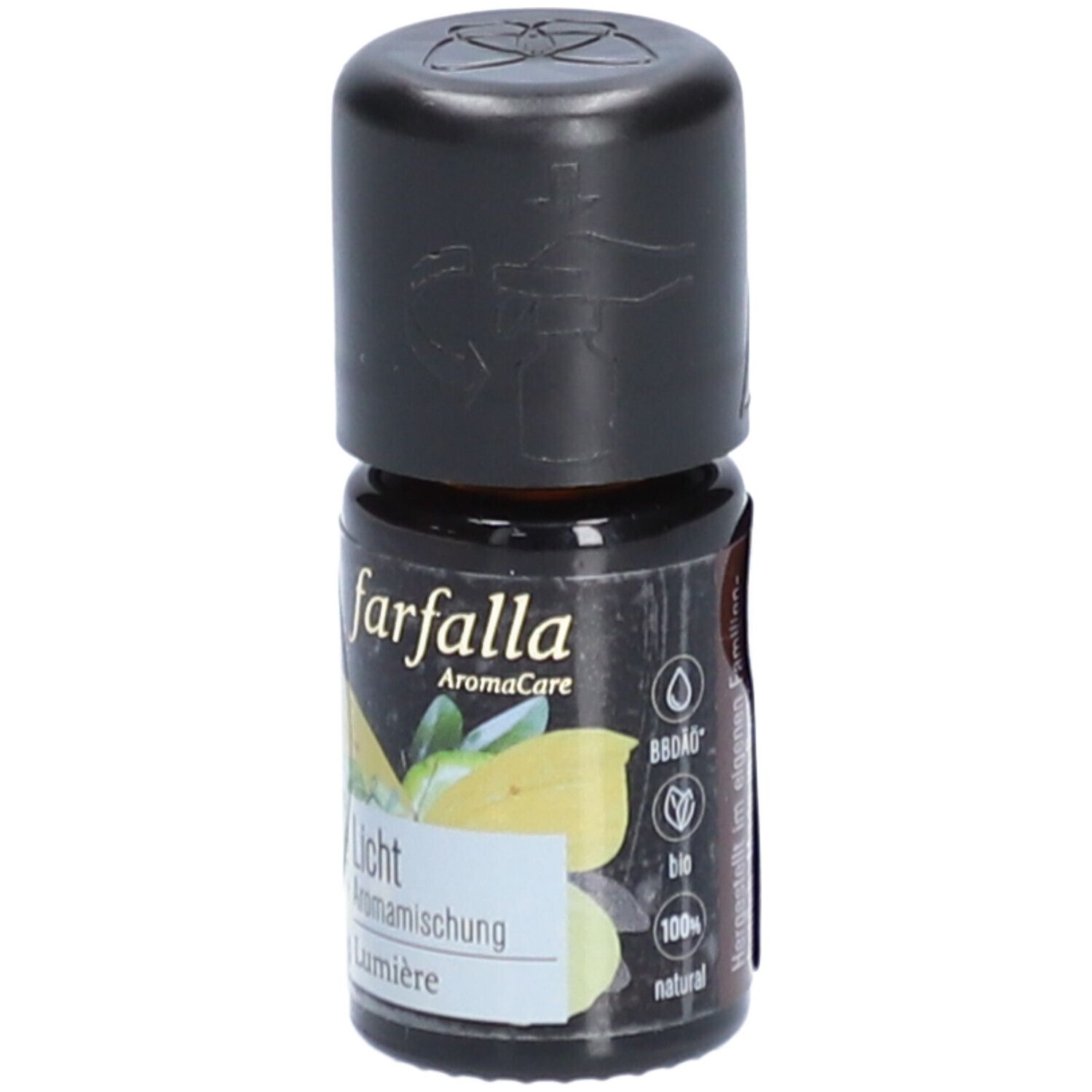 Flacon en verre brun avec bouchon noir. Inscription: farfalla AromaCare Licht Aromamischung Lumière. Étiquette avec label bio.