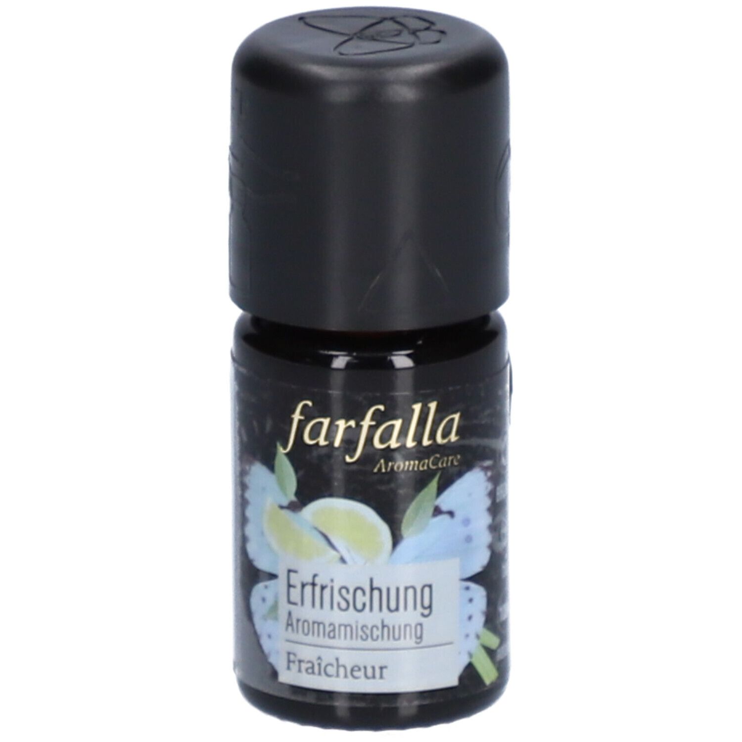 Braune Glasflasche mit schwarzem Deckel. Aufschrift: farfalla, Erfrischung, Aromamischung, Fraicheur. Abbildung: Zitrone und Schmetterling.