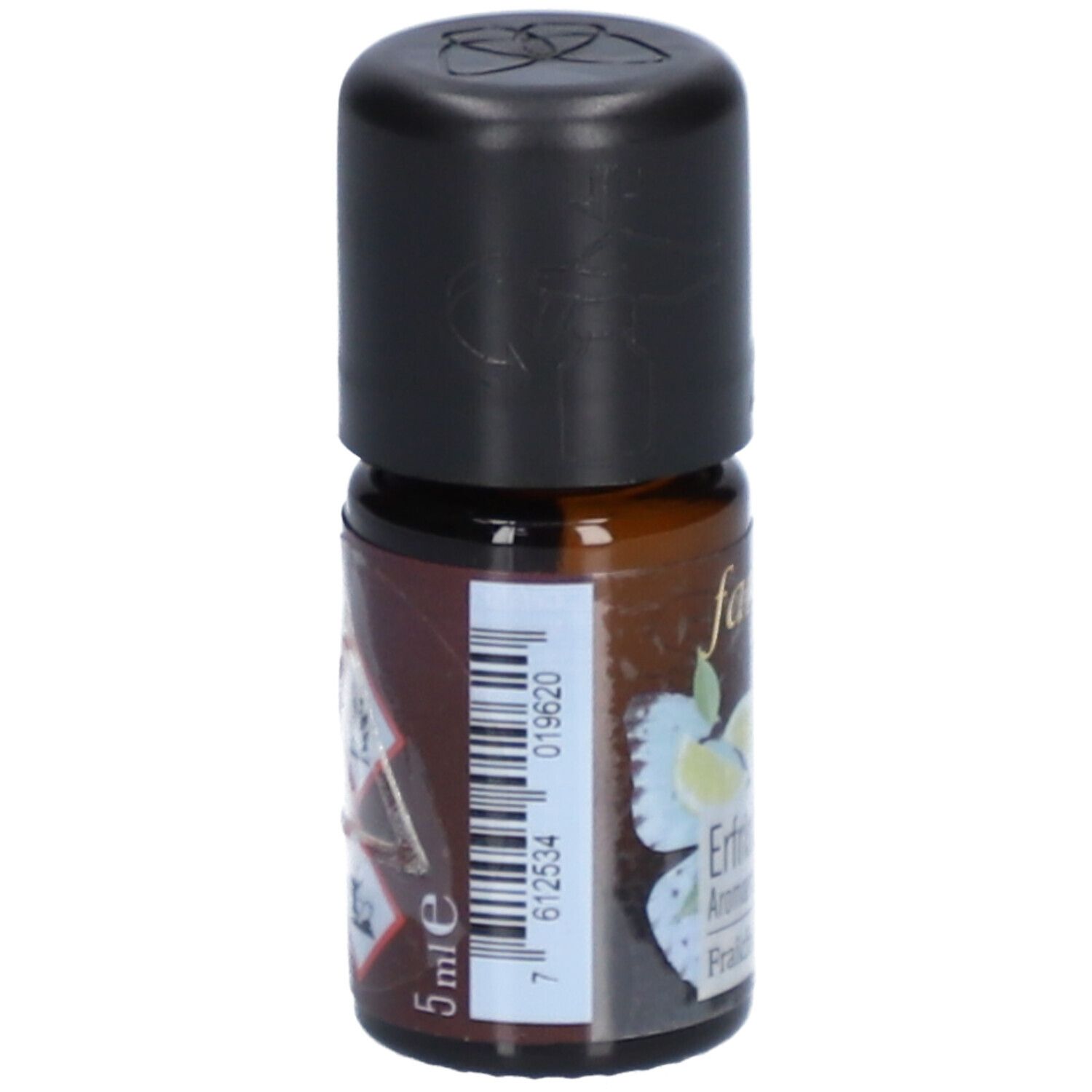 Braune Glasflasche mit schwarzem Deckel. Aufschrift: farfalla, Erfrischung, Aromamischung, Fraicheur. Barcode und Volumenangabe: 5 ml.