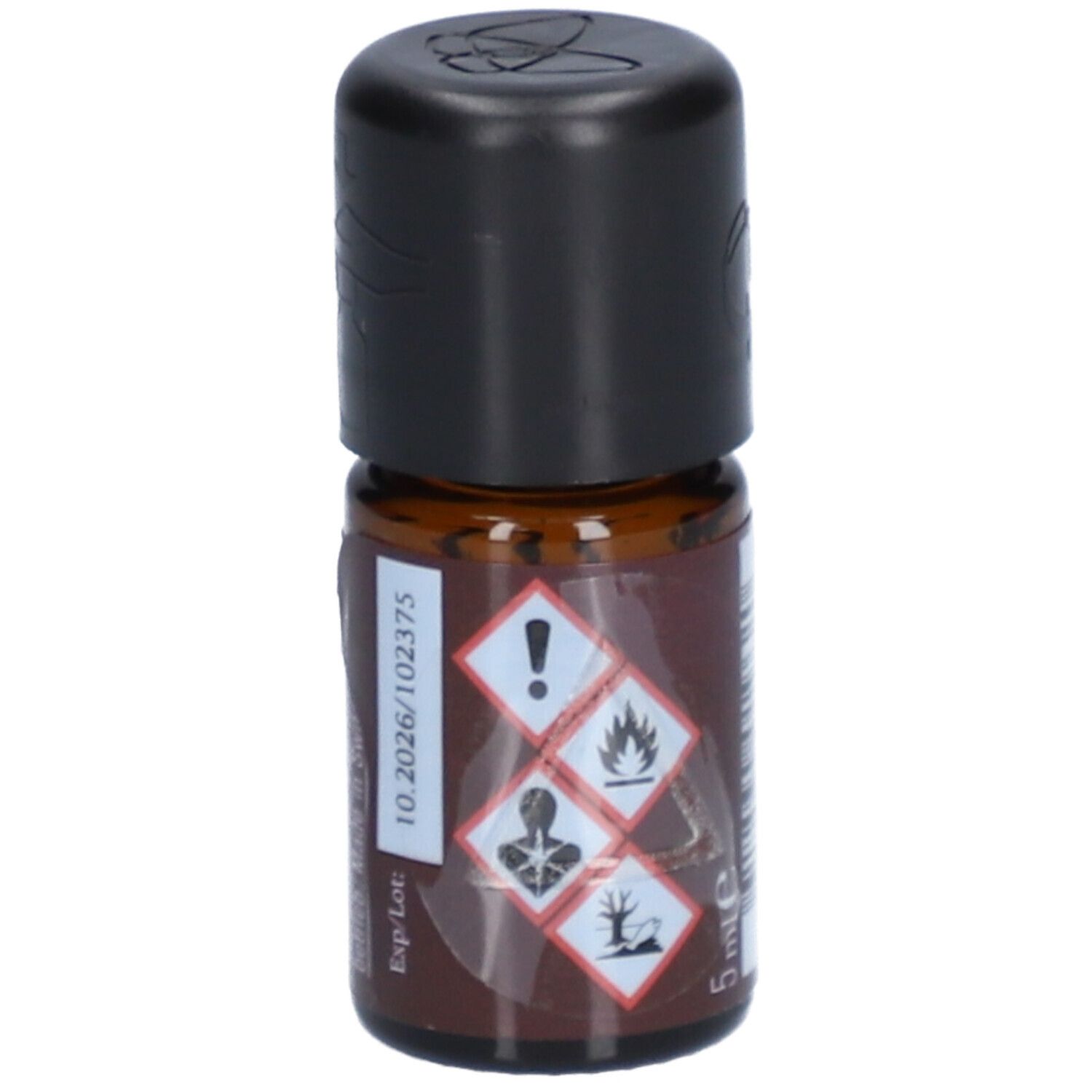 Braune Glasflasche mit schwarzem Deckel. Warnhinweise und Volumenangabe: 5 ml. Aufschrift: Exp/Lot: 10.2026/102375.