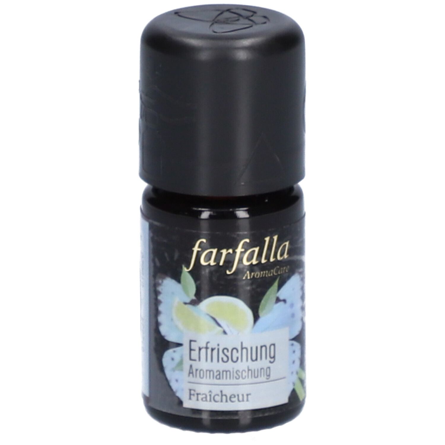 Braune Glasflasche mit schwarzem Deckel. Aufschrift: farfalla, Erfrischung, Aromamischung, Fraicheur. Abbildung: Zitrone und Schmetterling.