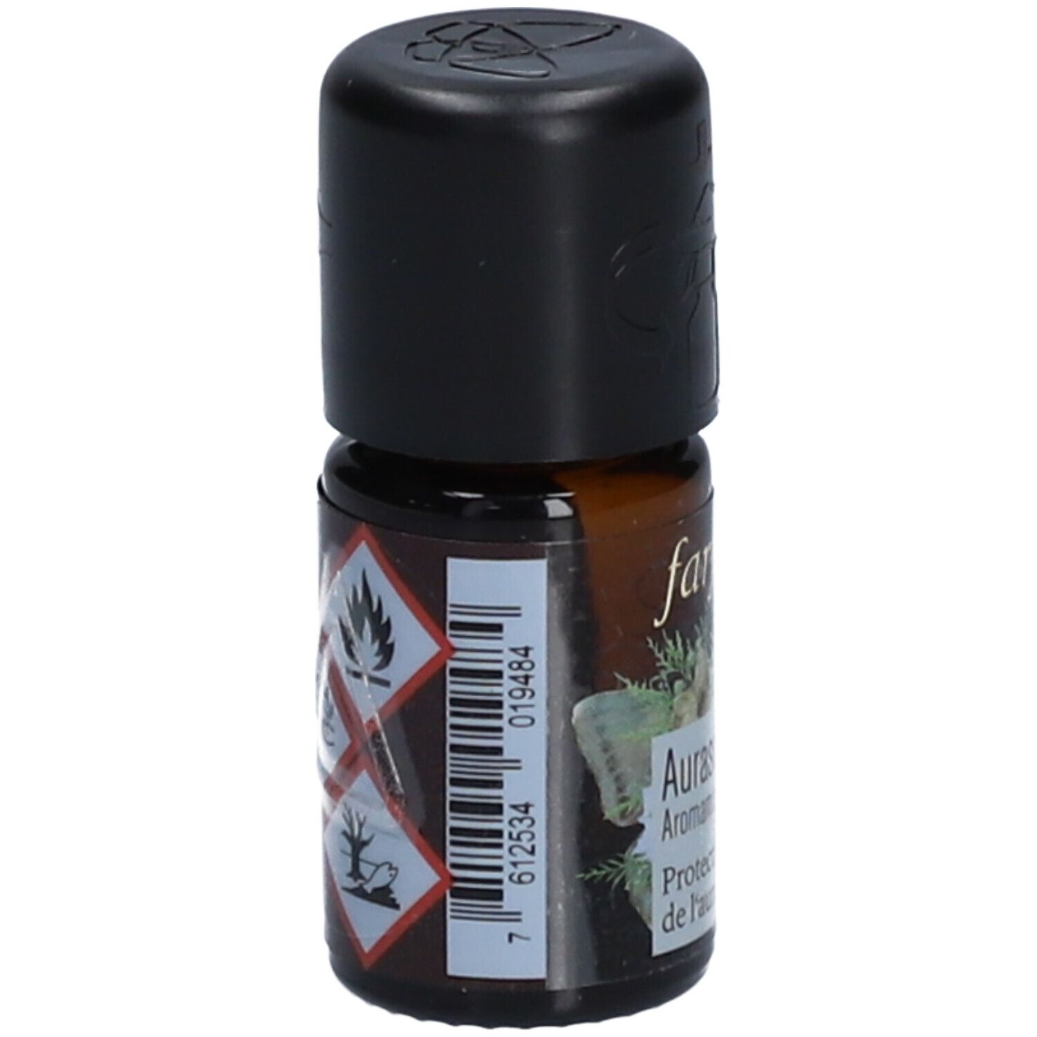 Braune Glasflasche mit schwarzem Deckel. Aufschrift: farfalla, Aromaschutz, Aromamischung, Protection de l'aura. Gefahrensymbole.