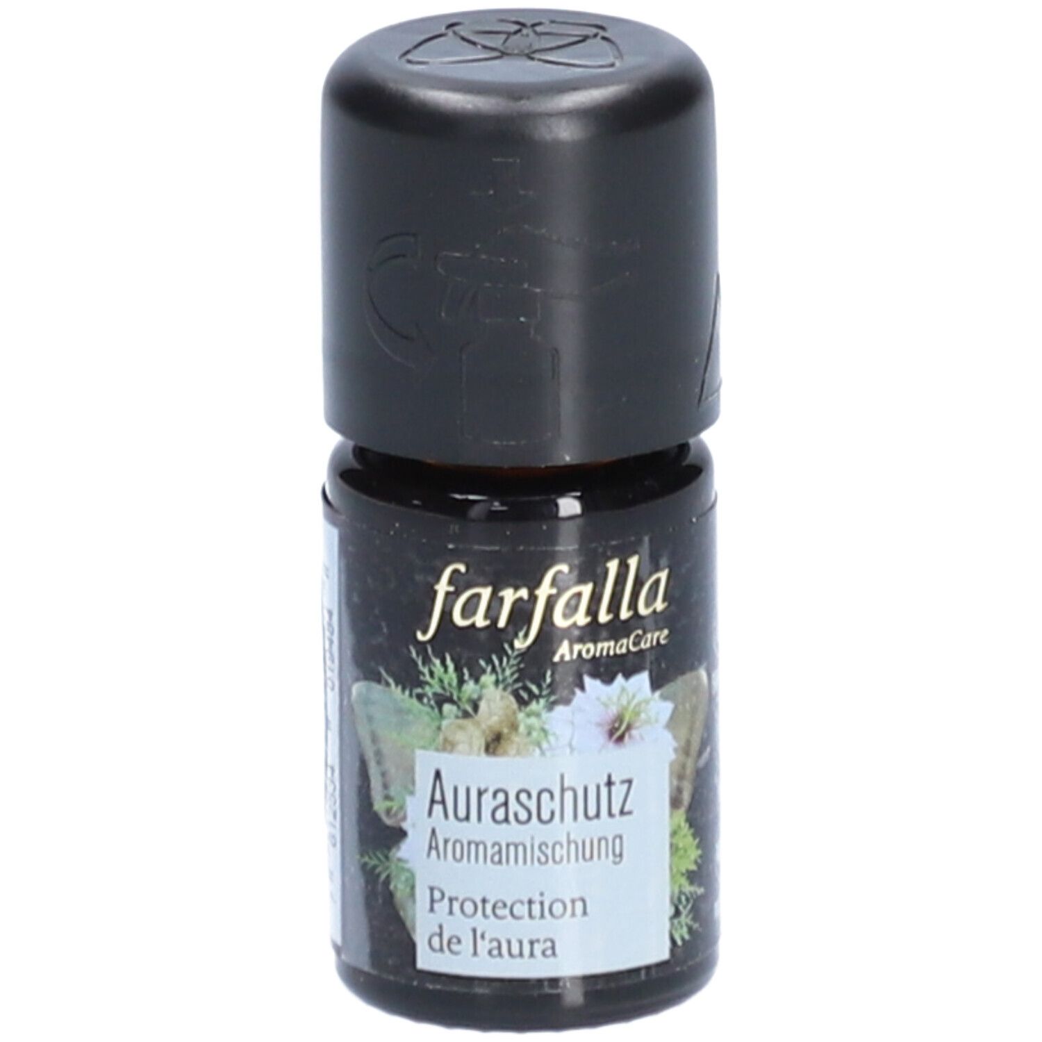 Braune Glasflasche mit schwarzem Deckel. Aufschrift: farfalla, Aromaschutz, Aromamischung, Protection de l'aura.