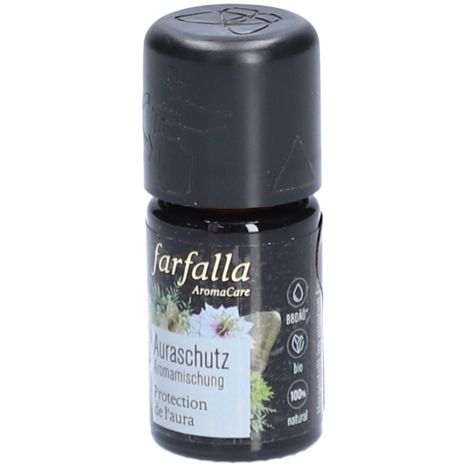 Braune Glasflasche mit schwarzem Deckel. Aufschrift: farfalla, Aromaschutz, Aromamischung, Protection de l'aura. Bio-Siegel.