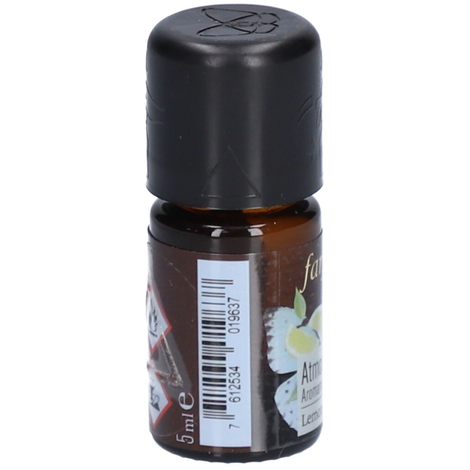 Braune Glasflasche mit schwarzem Deckel. Aufschrift: farfalla, Atmosphere, 5 ml. Gefahrenhinweise.