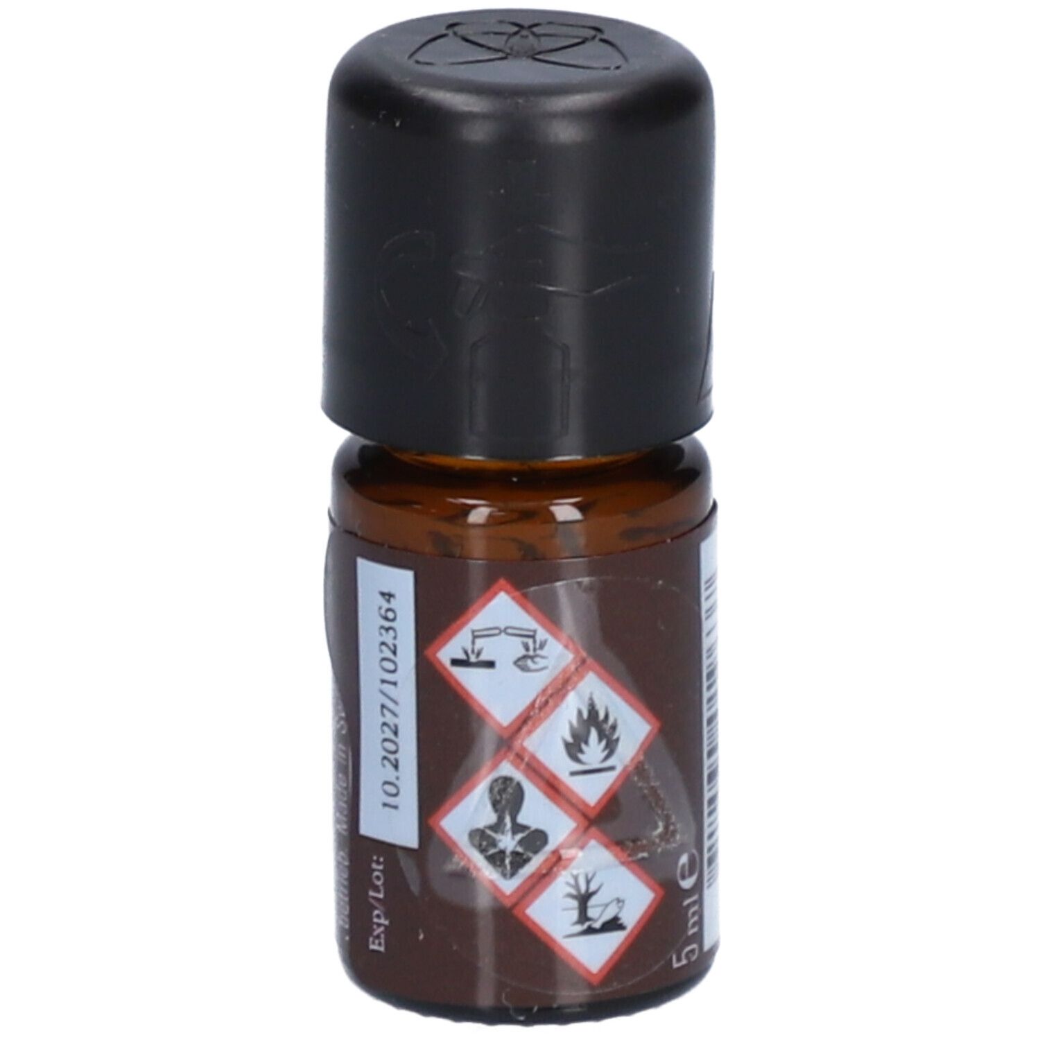 Braune Glasflasche mit schwarzem Deckel. Gefahrensymbole und Aufschrift: 5 ml, 10.2027/102364.