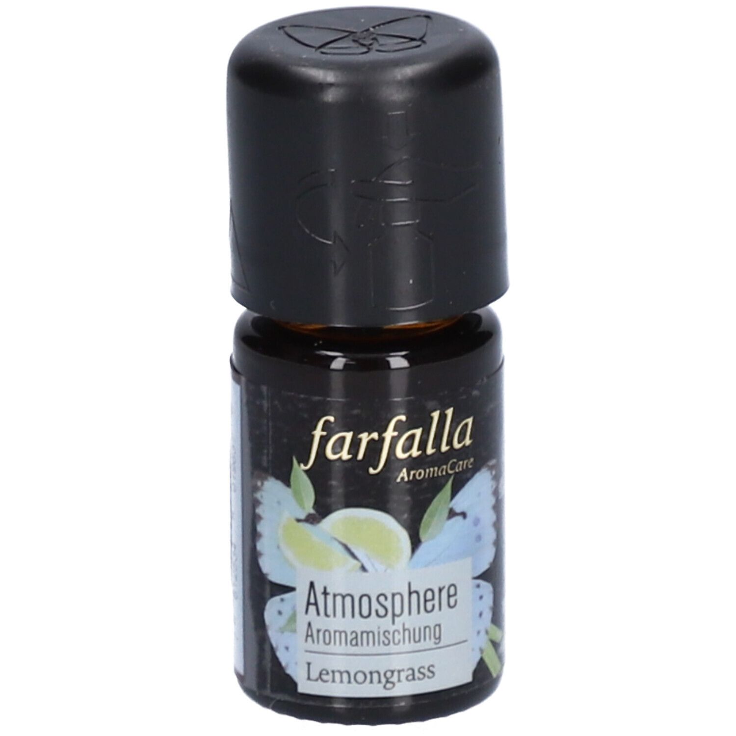 Braune Glasflasche mit schwarzem Deckel. Aufschrift: farfalla AromaCare Atmosphere Aromamischung Lemongrass.